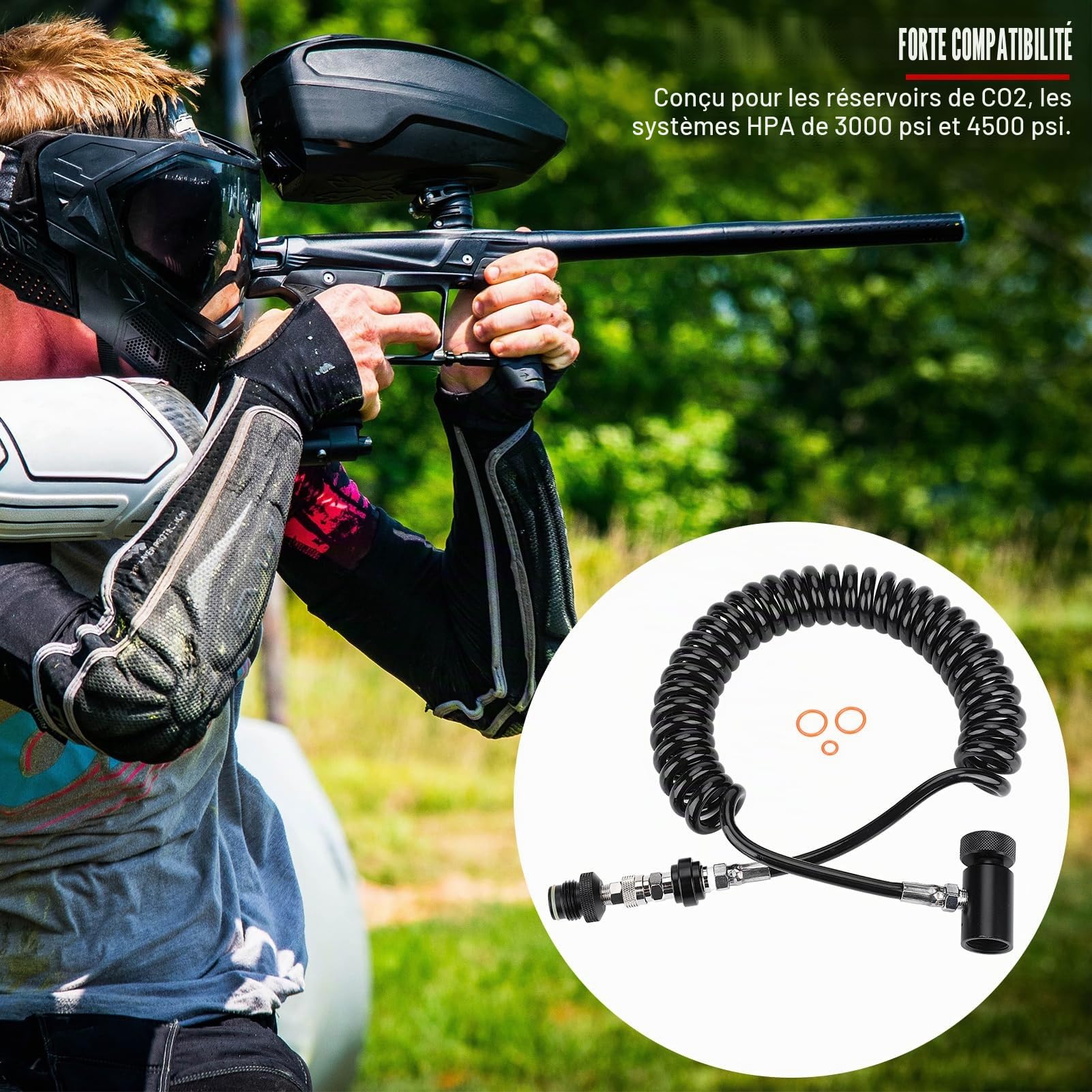 Kit de Ligne à Distance, marqueur de Paintball Valve de Connexion de Cylindre de Bobine à Distance Tuyau de Paintball Tuyau ondulé avec Valve Marche/arrêt à Distance