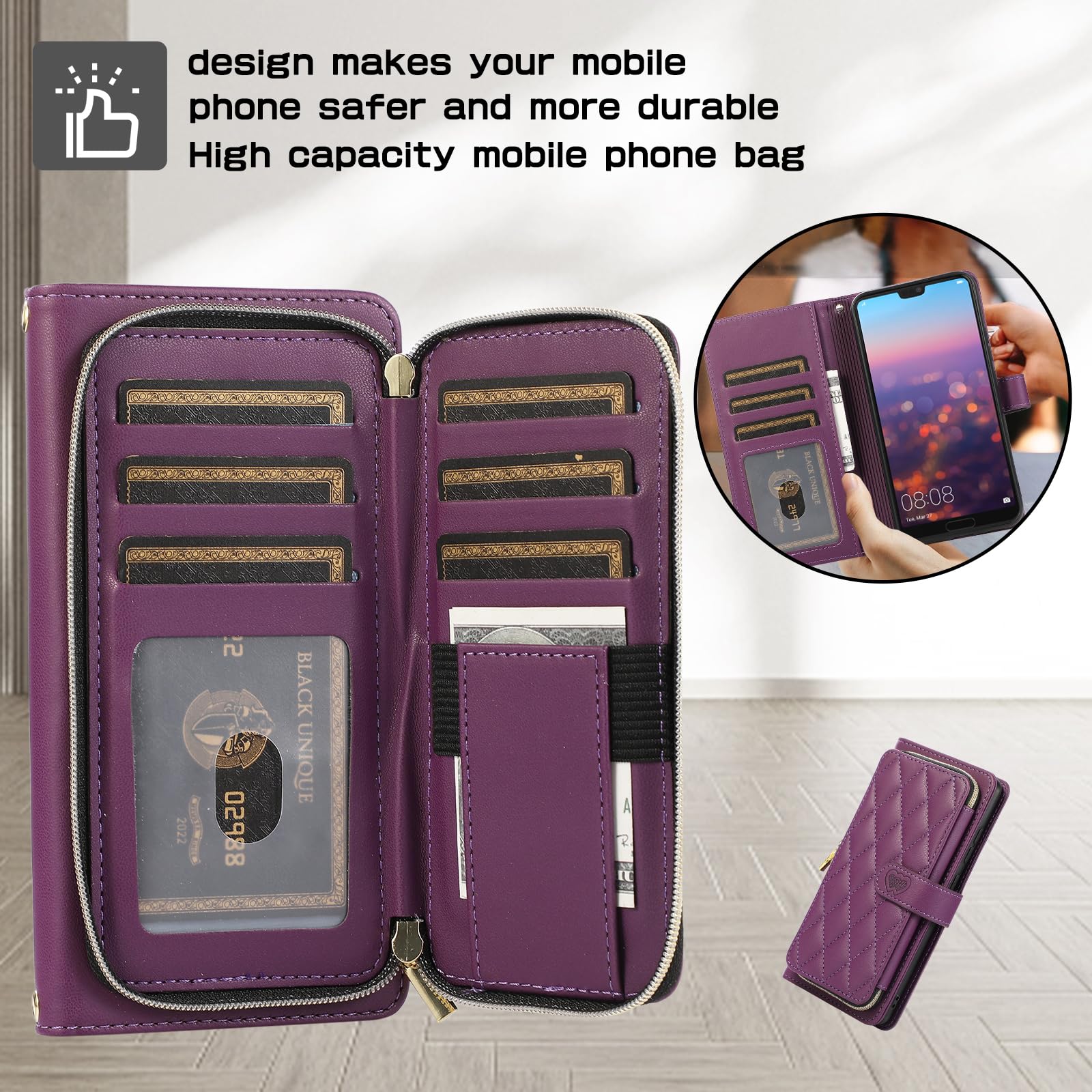 ELISORLI Wallet Case for Huawei P20 Pro with Wrist Strap,Crossbody Shoulder Strap,9 Card Slots Zipper Purse,Luxury PU Leather Stand Cell Accessories Phone Cover for Hawaii P 20Pro 20 P20pro Wine Red - Image 4