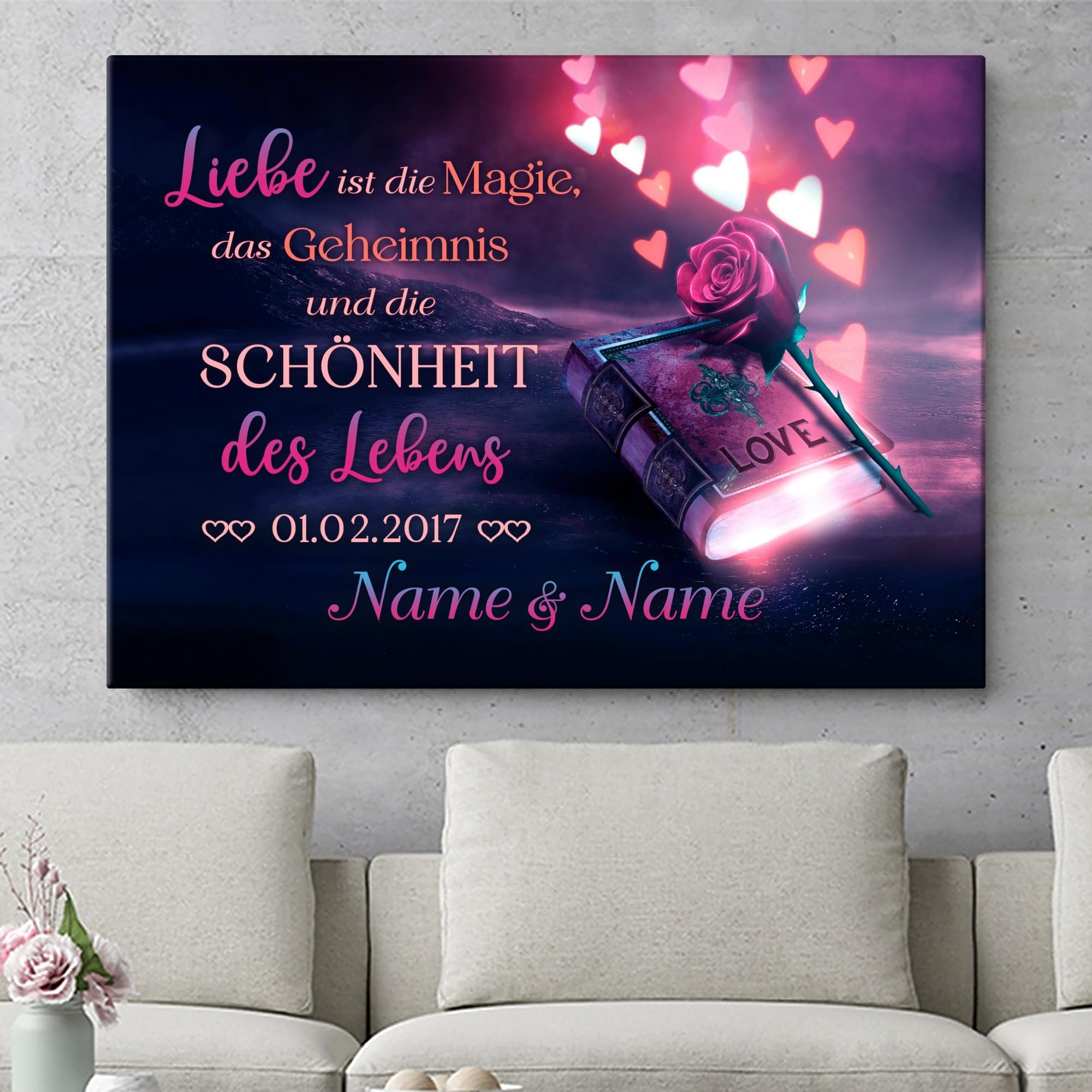 Liebesleinwand Personalisiertes Leinwandbild gestalten | Magie der Liebe | Geschenk zum Jahrestag, Hochzeitstag, Verlobung, Hochzeit | Leinwandbild gestalten mit Namen und Datum