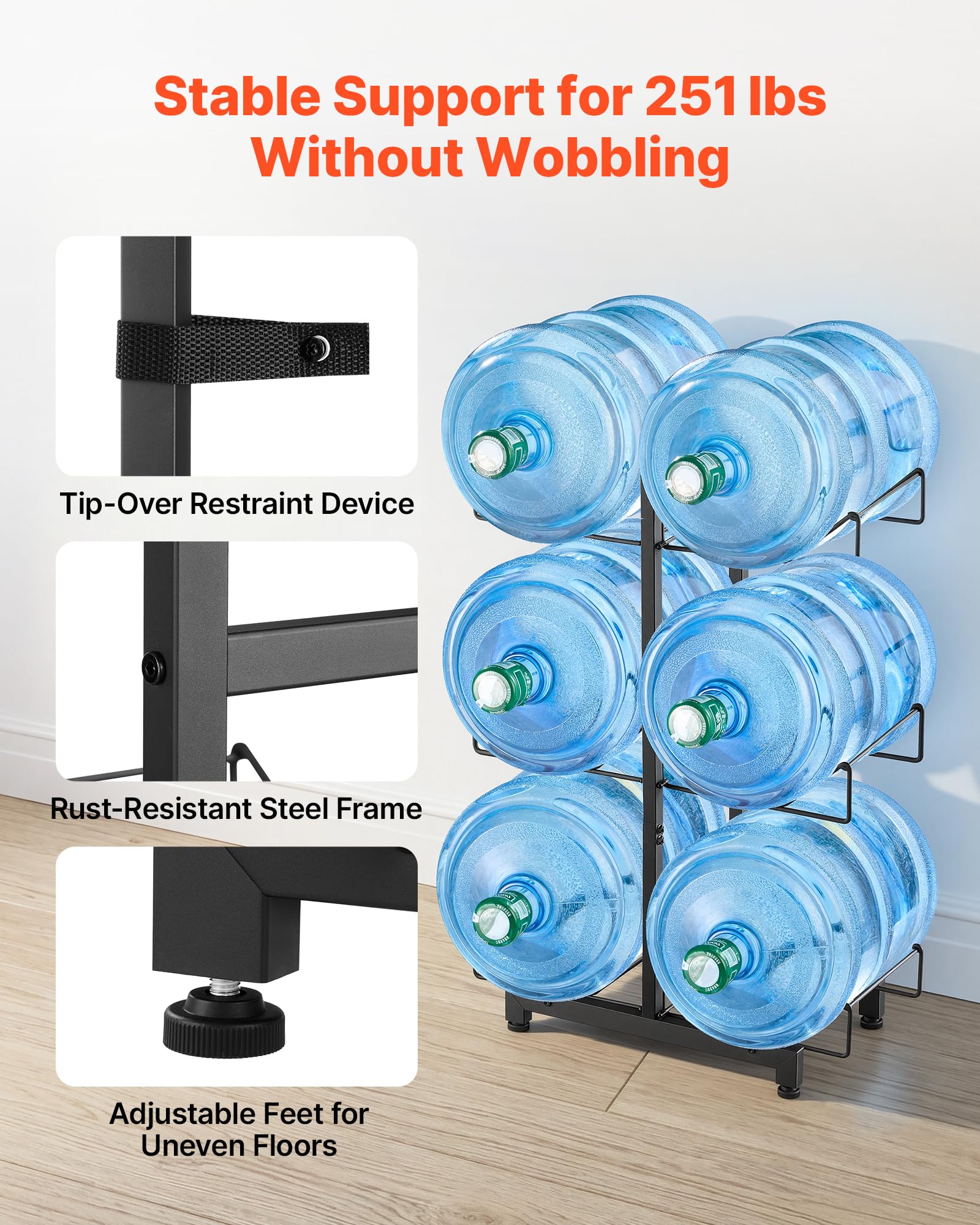 VEVOR Estante para Garrafas de Agua, Soporte para Botellas Grandes de Agua, 3 Niveles para 6 Botellas, Compatible con Jarras de 11 L y 19 L, con Ruedas con Freno, Plegable para Oficina Cocina Hogar