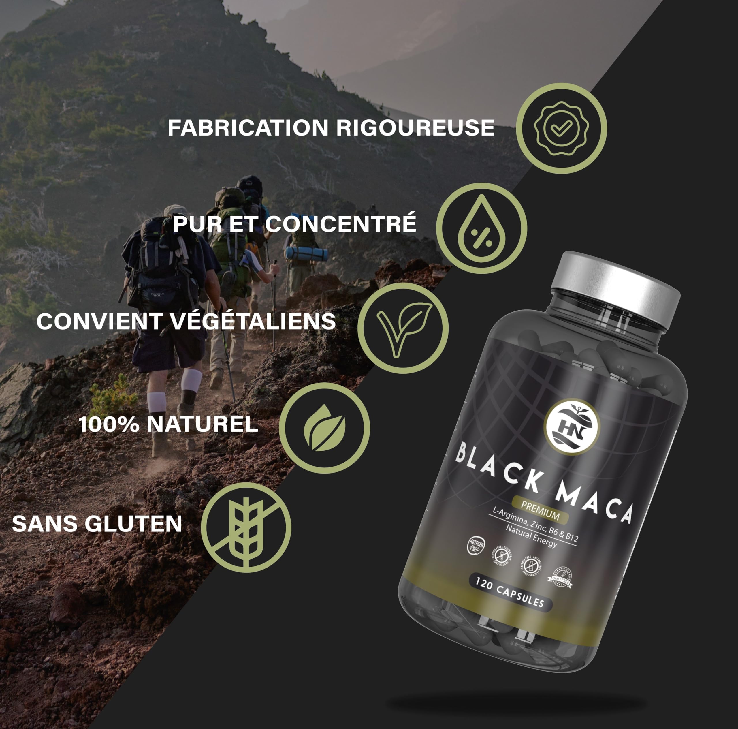 Maca Noire Extra Forte 24000mg - 120 Gelules - Extrait de Maca Noir 20:1 Améliore la Performance homme et femme Macca L-Arginine, Zinc, Vitamine B6 et B12 pour combat la fatigue et le stress Oxydant