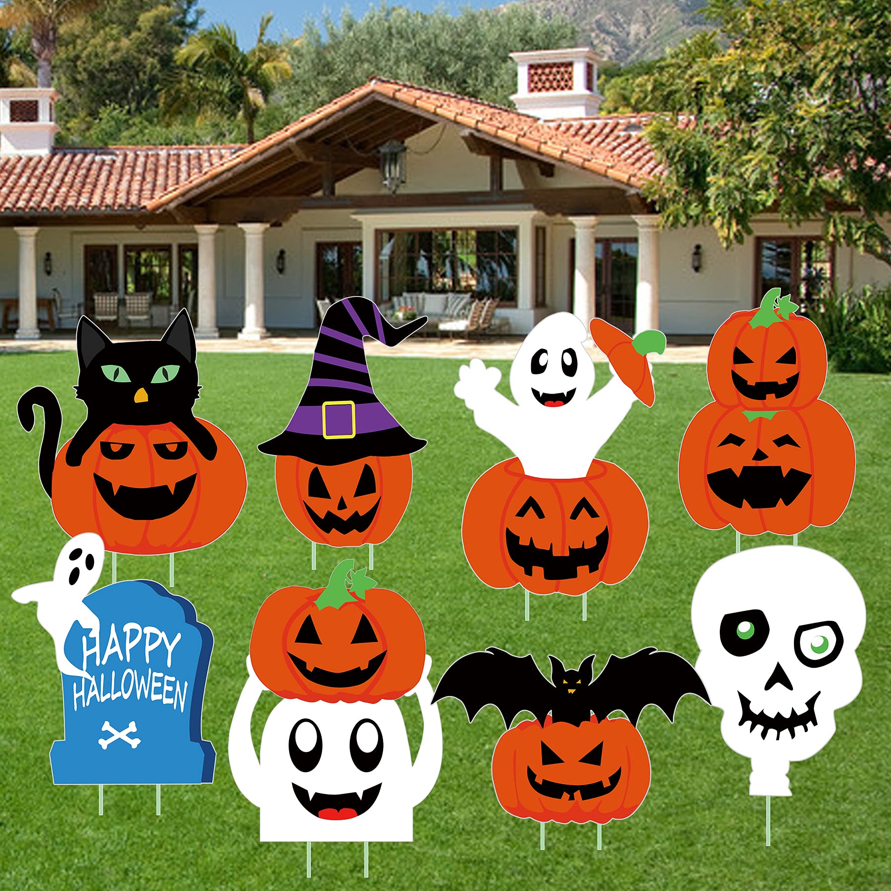 Easeen Halloween Decorations Outdoor, 8 Pack Pumpkins Skeleton and Ghost Corrugate Halloween Yard Signs Decorations for Lawn Yard