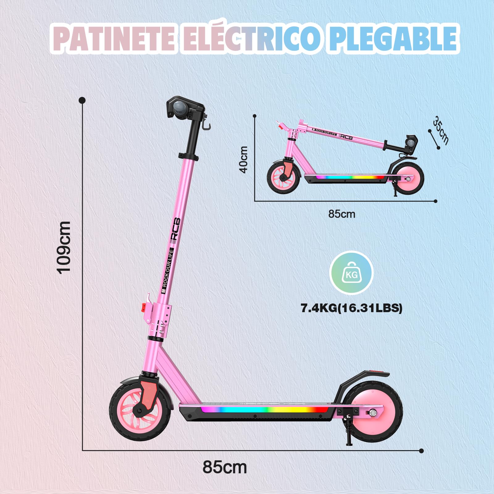 R12 Pro Patinete Eléctrico Niño 6-12 años, Scooter 150W, 3 Velocidades, 18km/h, Autonomía 15 km, Altura Regulable, Luces LED y Pantalla, Patinete Eléctrico Plegable y Ligero de 7"