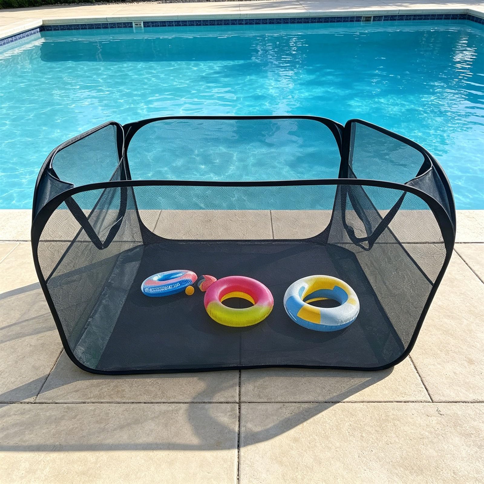 Red de almacenamiento multiusos ventilada junto a la piscina para natación | Soporte para equipo de natación con anclajes de suelo para trajes de baño húmedos y accesorios de agua