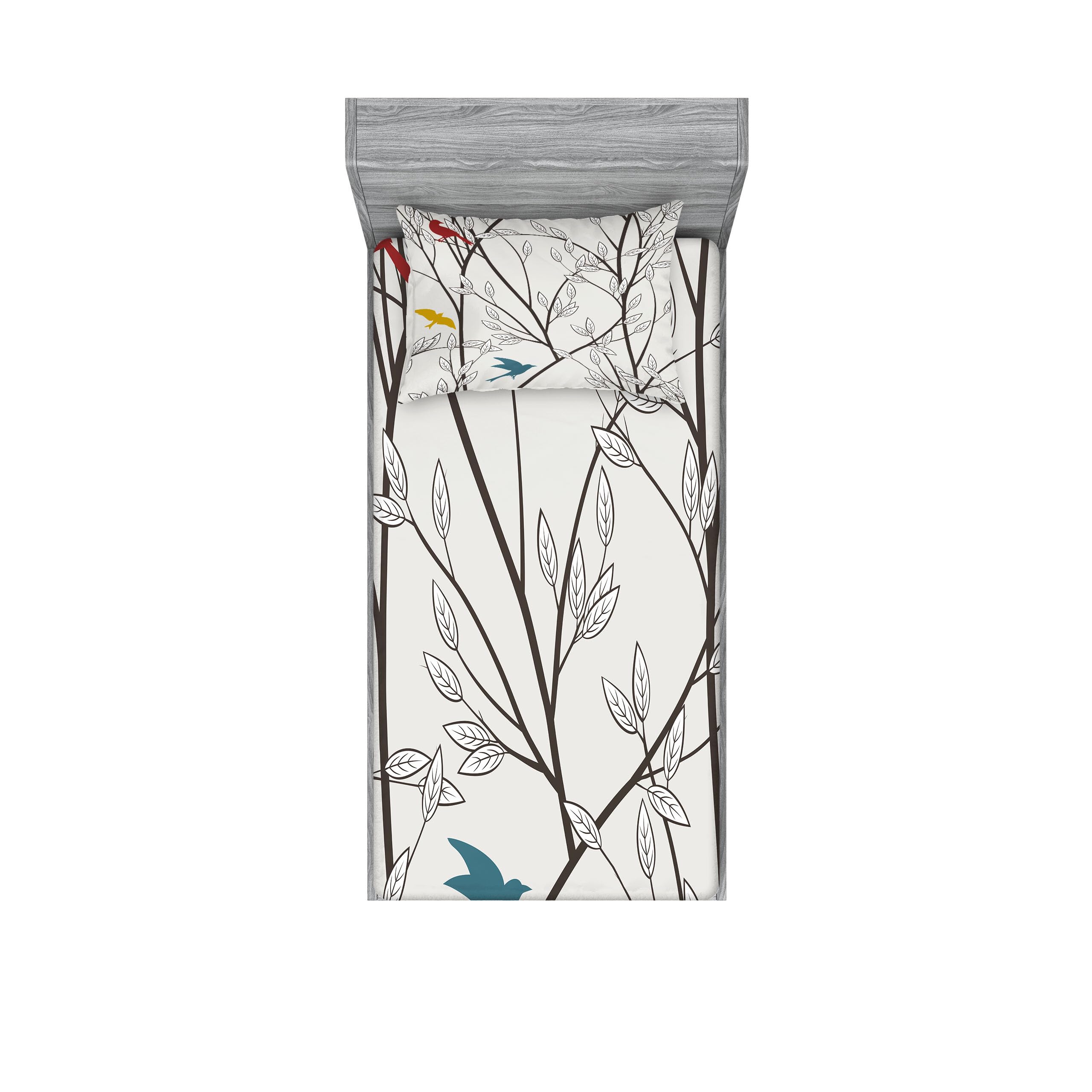 Ambesonne Nature Fitted Sheet & Pillow Sham Set, Birds Wildlife Cartoon Like Image with Tree Leaf Art Print, Decorative Printed 2 Piece Bedding Decor Set, Twinxl, Mustard Maroon