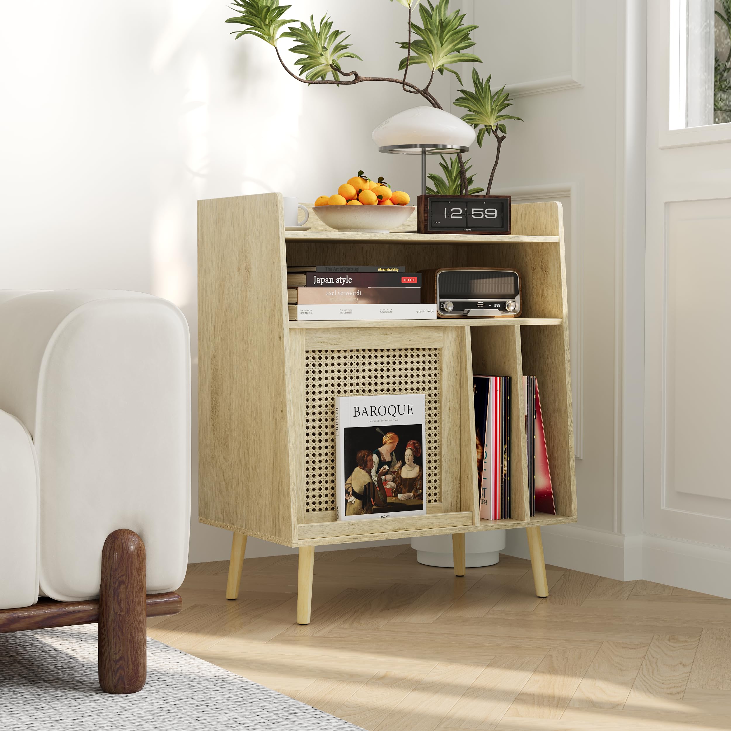 Semiocthome Giradischi con funzione di conservazione in vinile, supporto per dischi con ante in rattan e gambe in legno massello, adatto per giradischi. (grande)