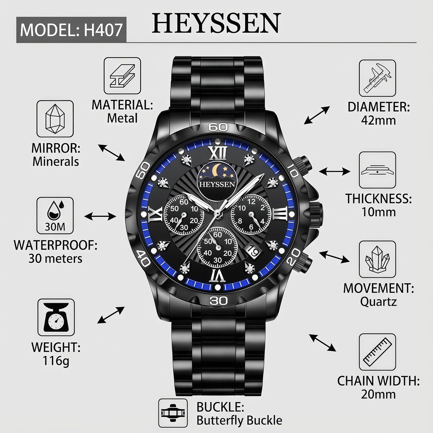 Watches for Men Stainless Steel: Dress Watch for Mens Quartz Analog Wrist Luxury Black Metal Tone Blue Dial Big Classic Diver Waterproof Chronograph Black Face Business Man Gift - Image 4