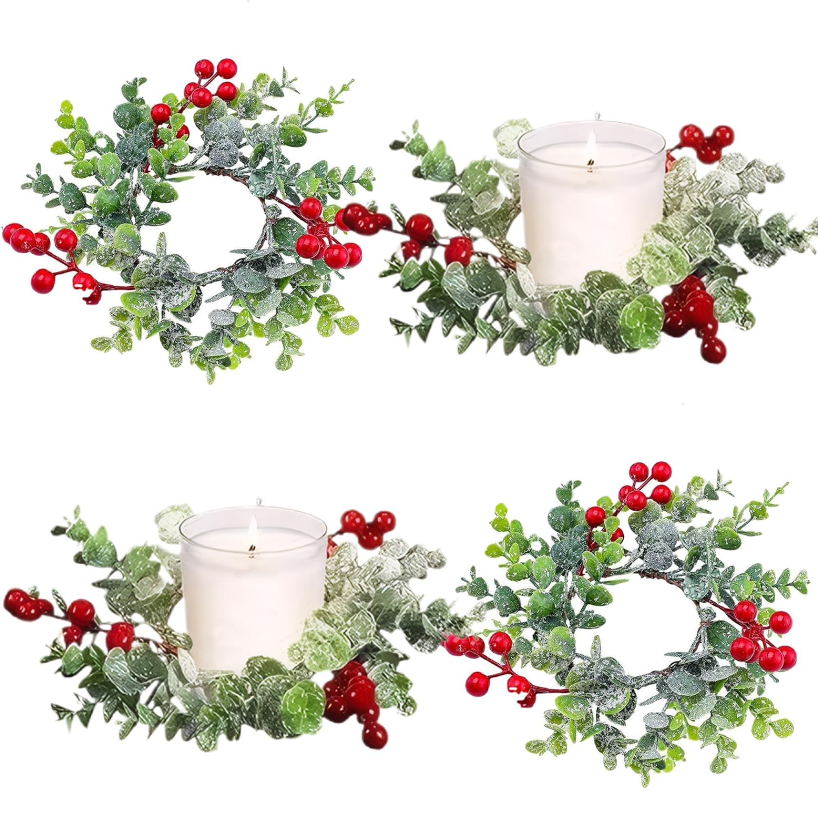 CAKEEYUM 4Pcs Candle Rings Wreaths with Red Berry 7.87" Lifelike Christmas Candle Rings Artificial for Christmas Front Door Window Wall Decor Wreath Holder Wreaths