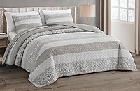 Vista 2 de Chezmoi Collection Robyn - Juego de edredón de 3 piezas, color gris pardo neutro, blanco, floral, hibisco, flores, retazos, rayas, colcha de algodón