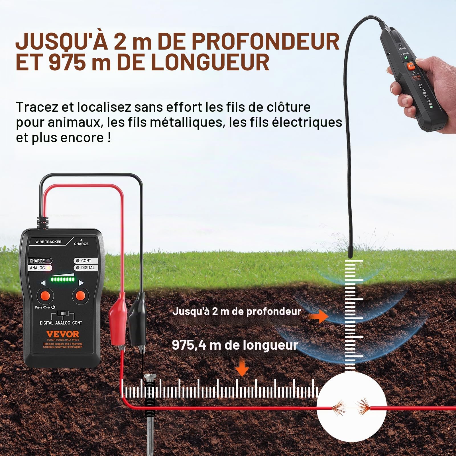 VEVOR Localisateur de câbles souterrains, 2 m profondeur de détection, traceur de câbles et détecteur de rupture avec écouteurs, 1000 m, pour clôtures animaux domestiques cachées et vannes d'arrosage