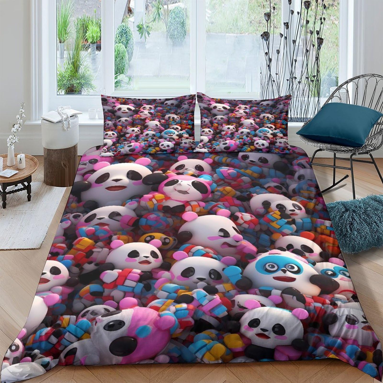 GPLZQXKJNH 3D Printed Colorful Panda Duvet Cover Set Microfiber Soft Breathable Cartoon Bedding Set with 2 Pillowcases for Bedroom Decor Single（135x200cm）