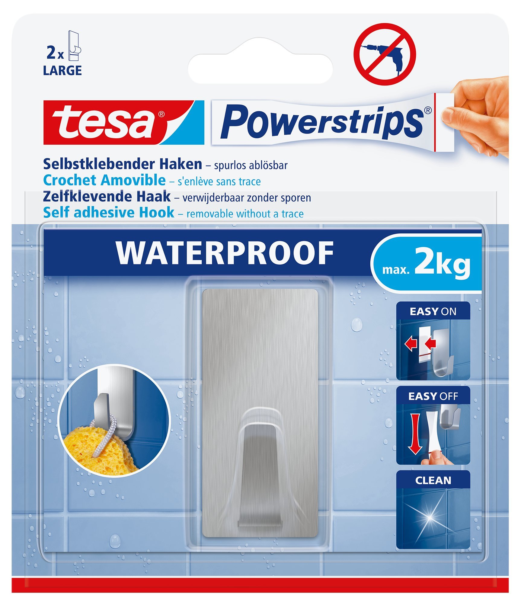 tesa® Powerstrips haczyk samoprzylepny - wodoodporny duży hak samoprzylepny - prostokątny - do kafelków i szkła - obciążenie do 2 kg na haczyk - matowo srebrny - opakowanie 1 szt.