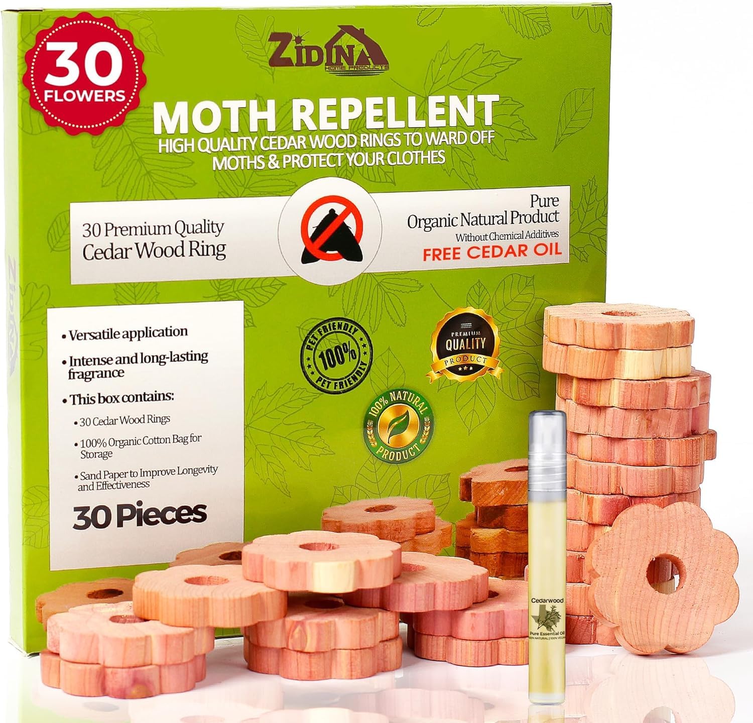 Zidina Moth Repellent for Wardrobes | 30x Rings 100% Natural Cedar Wood Moth Repellent I Best Alternative to Moth Balls | Wardrobe Fresheners and Moth Killer | Organic Fabric Bag, Sand Paper Included