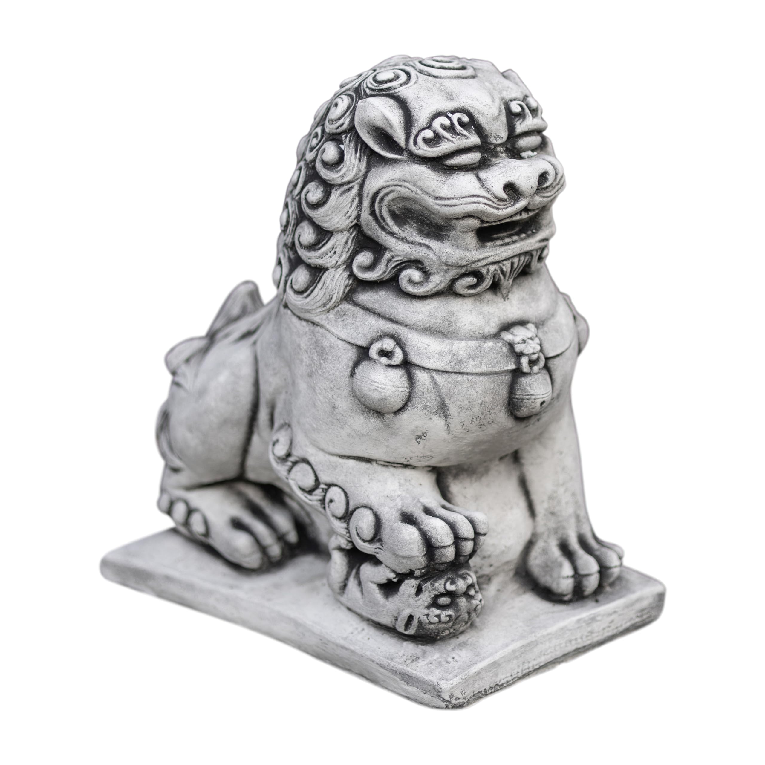 gartendekoparadies.de Female Guardian Lion Chinese Shishi Fu Dogs, Stone Figurine, H. 38 cm, 24 kg, Grey, Frost-Proof Cast Stone for Outdoor Use