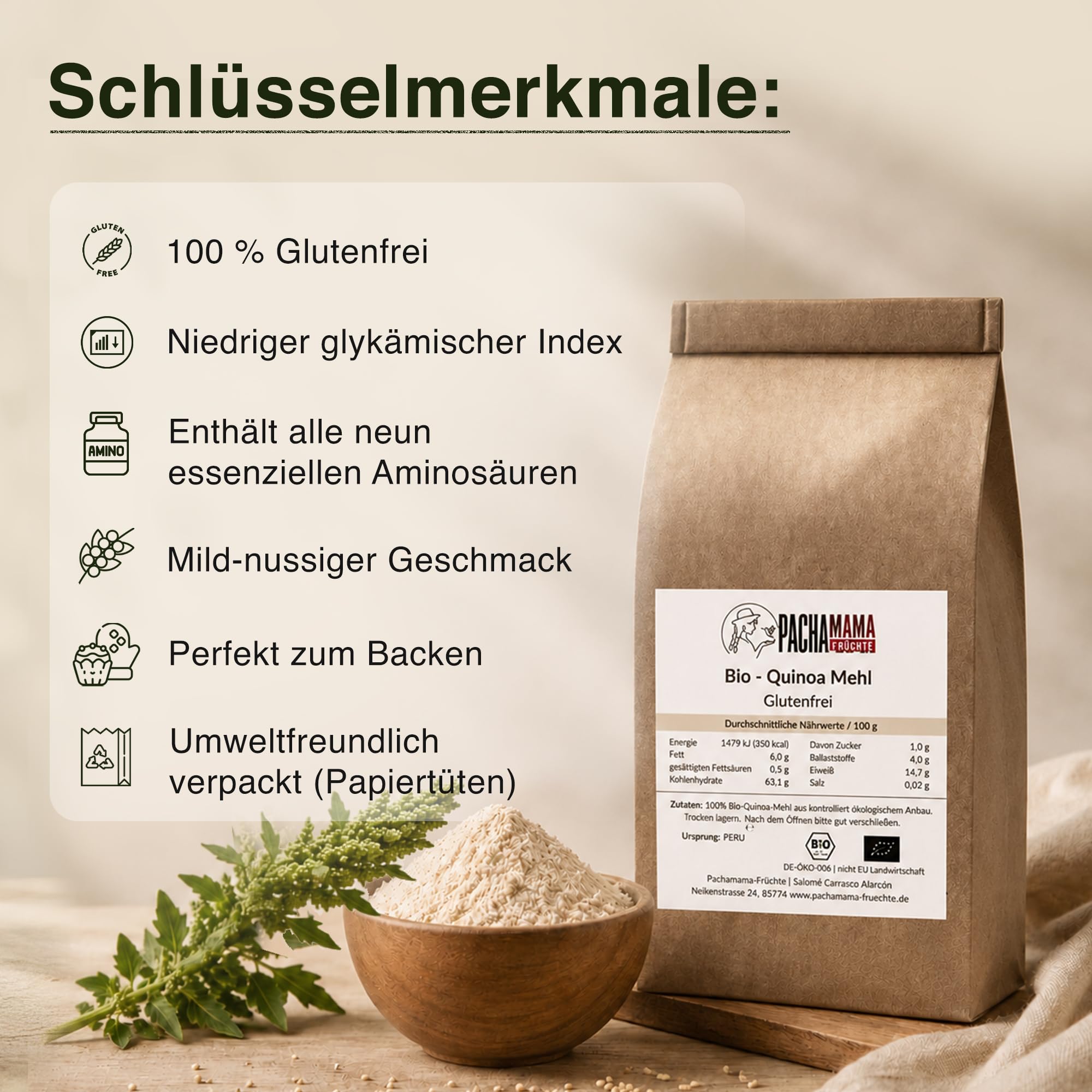 Bio - mąka z komosy ryżowej 2 kg | bezglutenowa | wegańska | pełnoziarnista