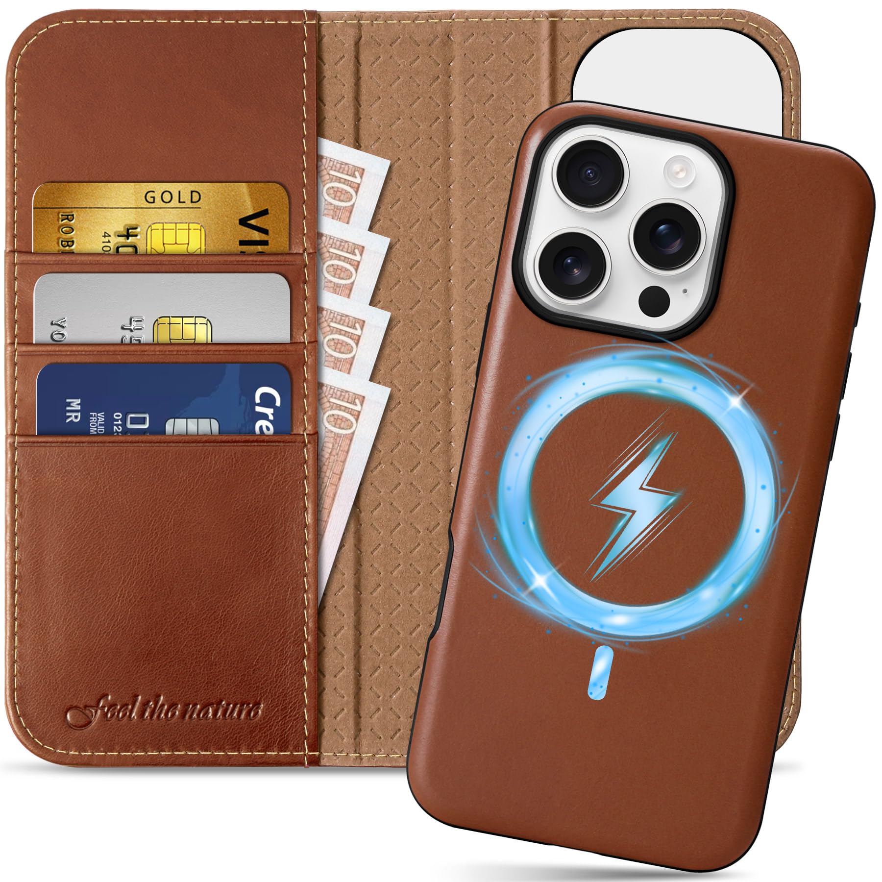 SHIELDON Case for iPhone 16 Pro 2024, Genuine Leather 2 in 1 Wireless Charging Wallet Kickstand, RFID Blocking Card Slots, Magnetic Shockproof Cover Compatible with iPhone 16 Pro 6.3" - Retro Brown