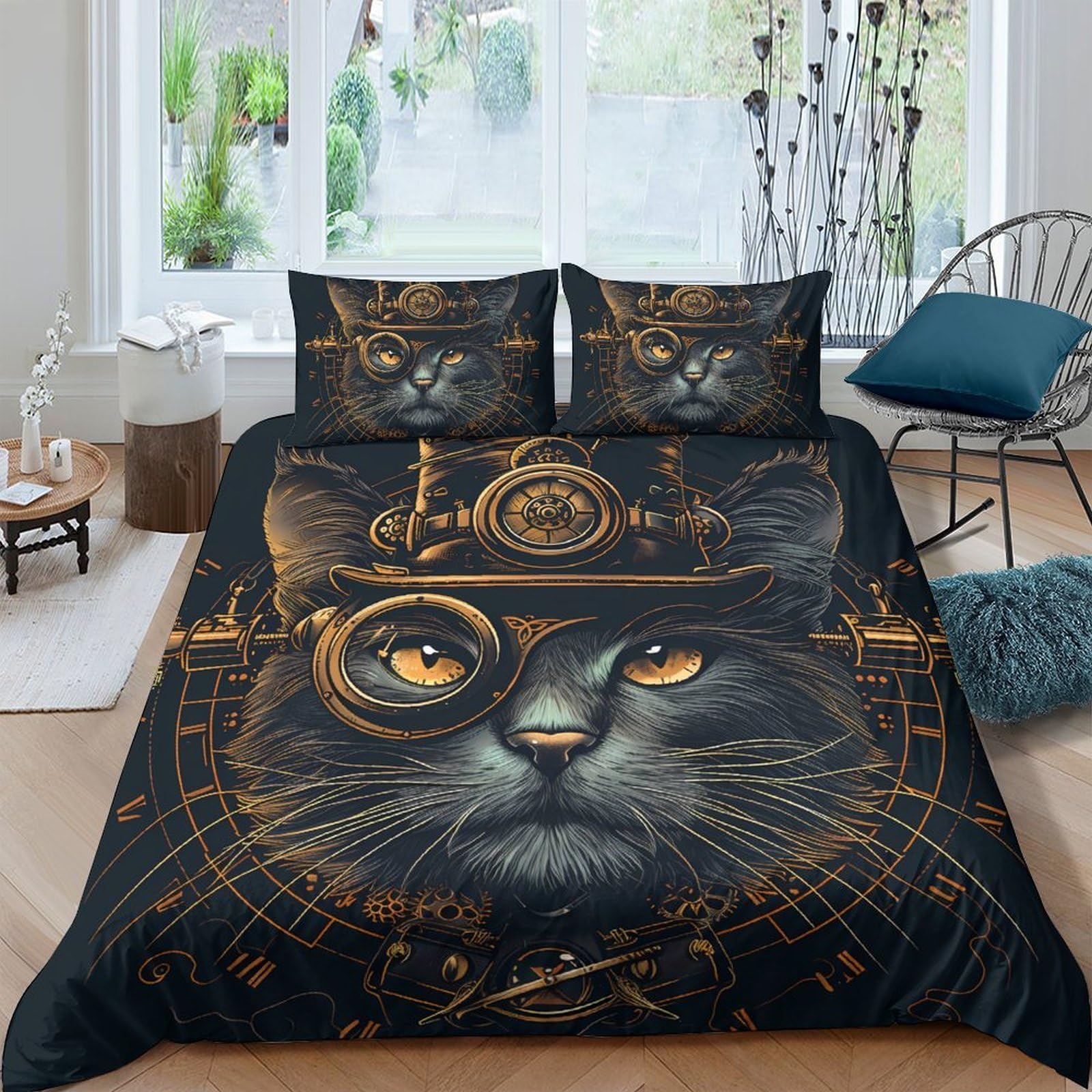 Ctjqhvkz Style-4 3D Printed Steampunk Cat Fitted Sheet Microfiber Soft Decorative Gothic Black Bed Cover For Bedroom Guest Room Single（135X200cm）