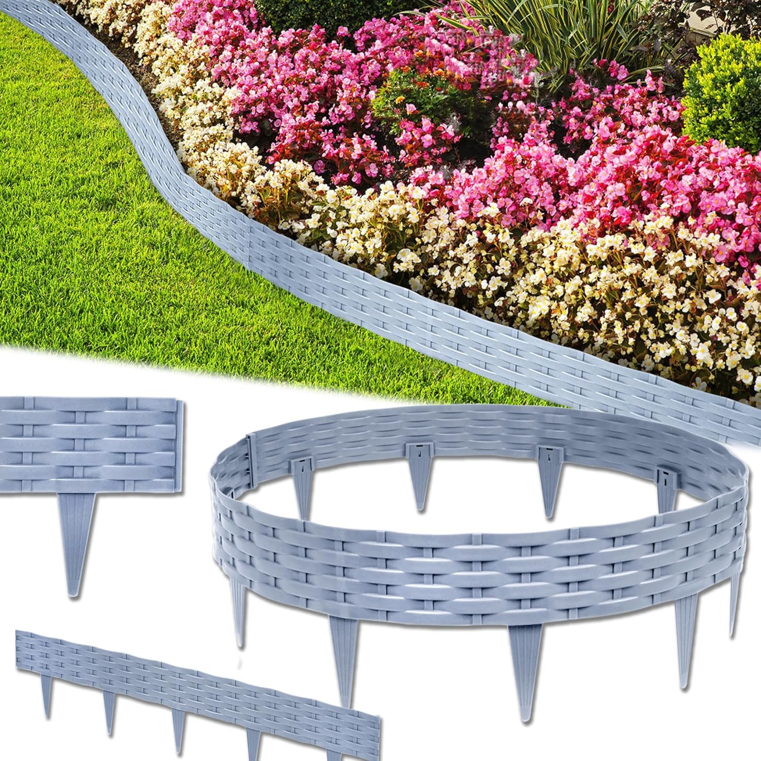 VA-Cerulean Kunststoff Rasenkante Rattan-Optik Beeteinfassung, Beetumrandung Palisade, Gartenpalisade, Beetzaun, Randsteine, Fencepanel