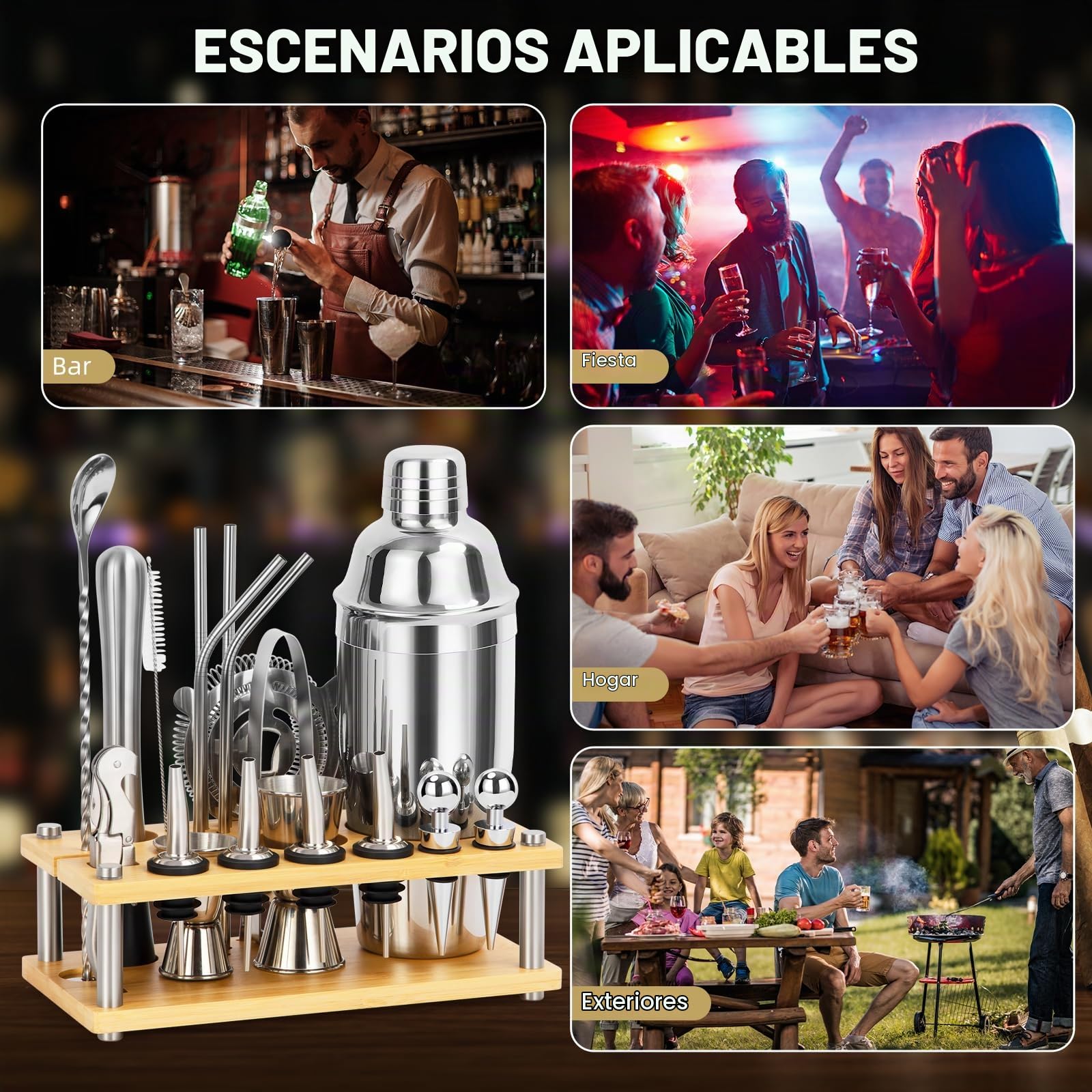 Juego de Coctelera, 750ML 20 Piezas de Acero Inoxidable Cocktail Kit, Coctelera Profesional con 4 Platos de Silicona Antideslizantes Regalo para Hombres Mujeres Amigos