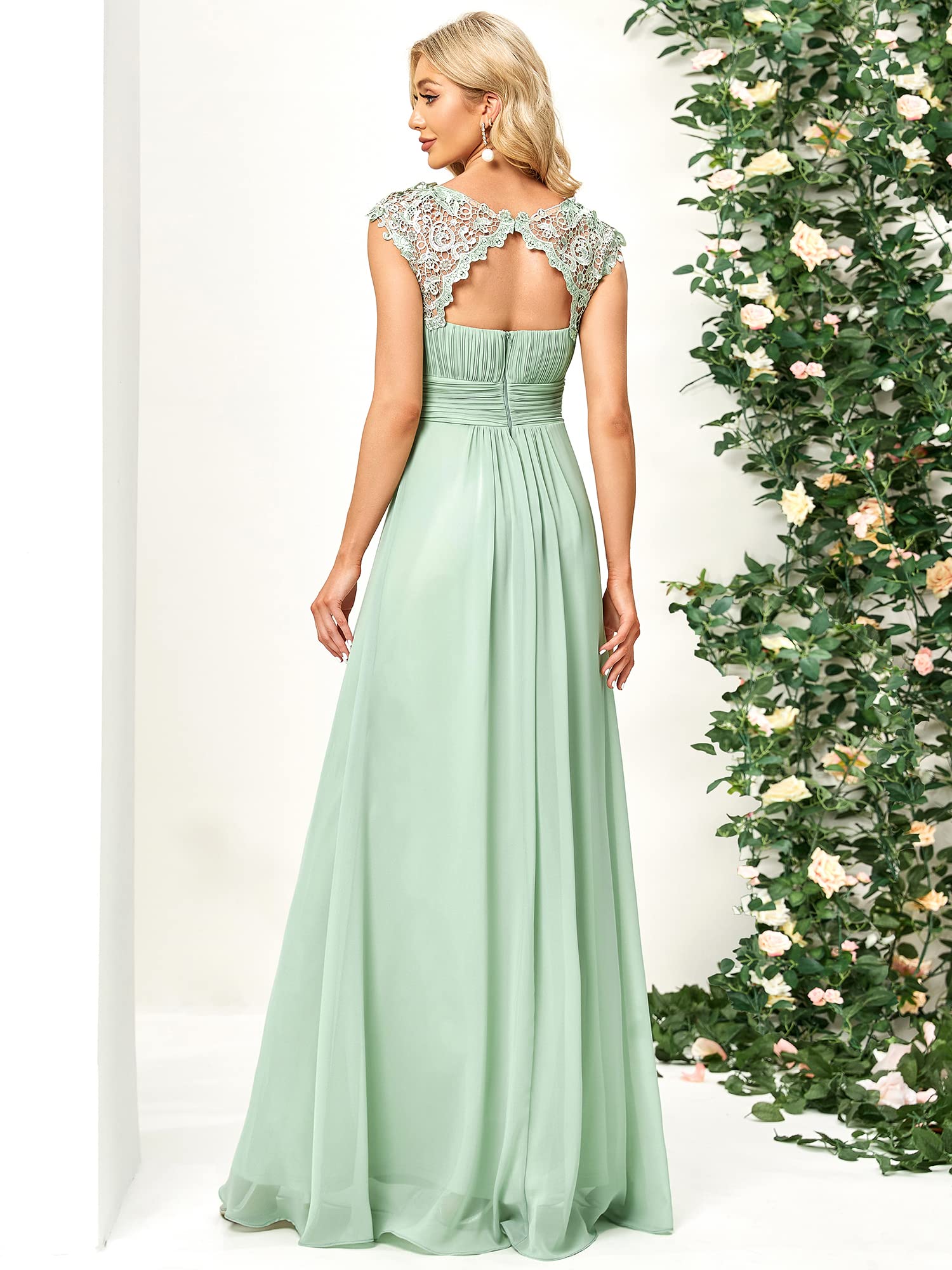 Ever-Pretty Damen Abendkleider Kurze Ärmel Rundkragen Spitze Empire A-Linie Elegant Chiffon Bodenlang Brautjungfernkleider EP09996