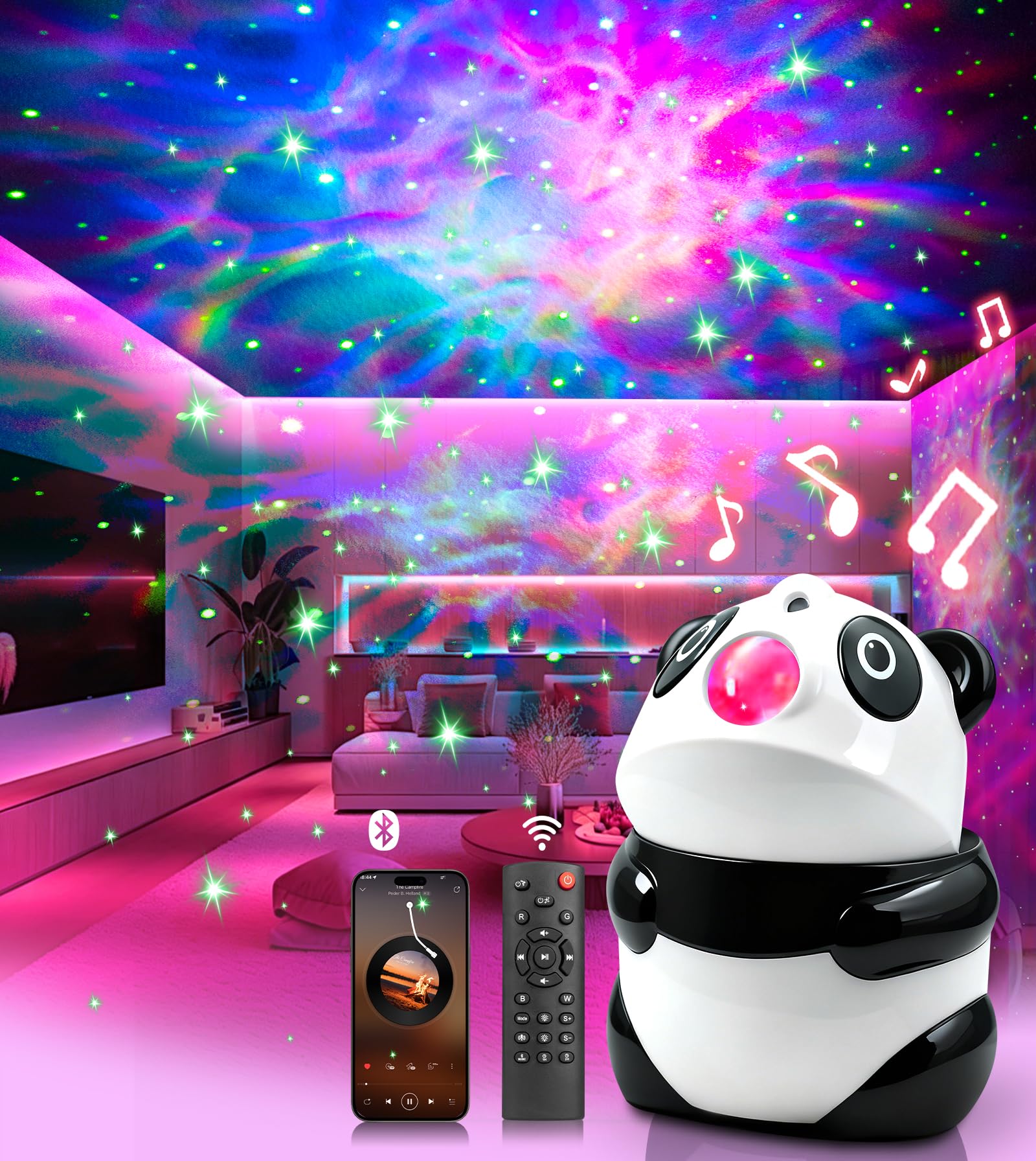 LITOHOM LED Galaxy Projector, Panda Star Projector Night Light with 15 Colors, 8 White Noise Machine Bluetooth Speaker, Remote Control, Plug-in for Kids Room Decor