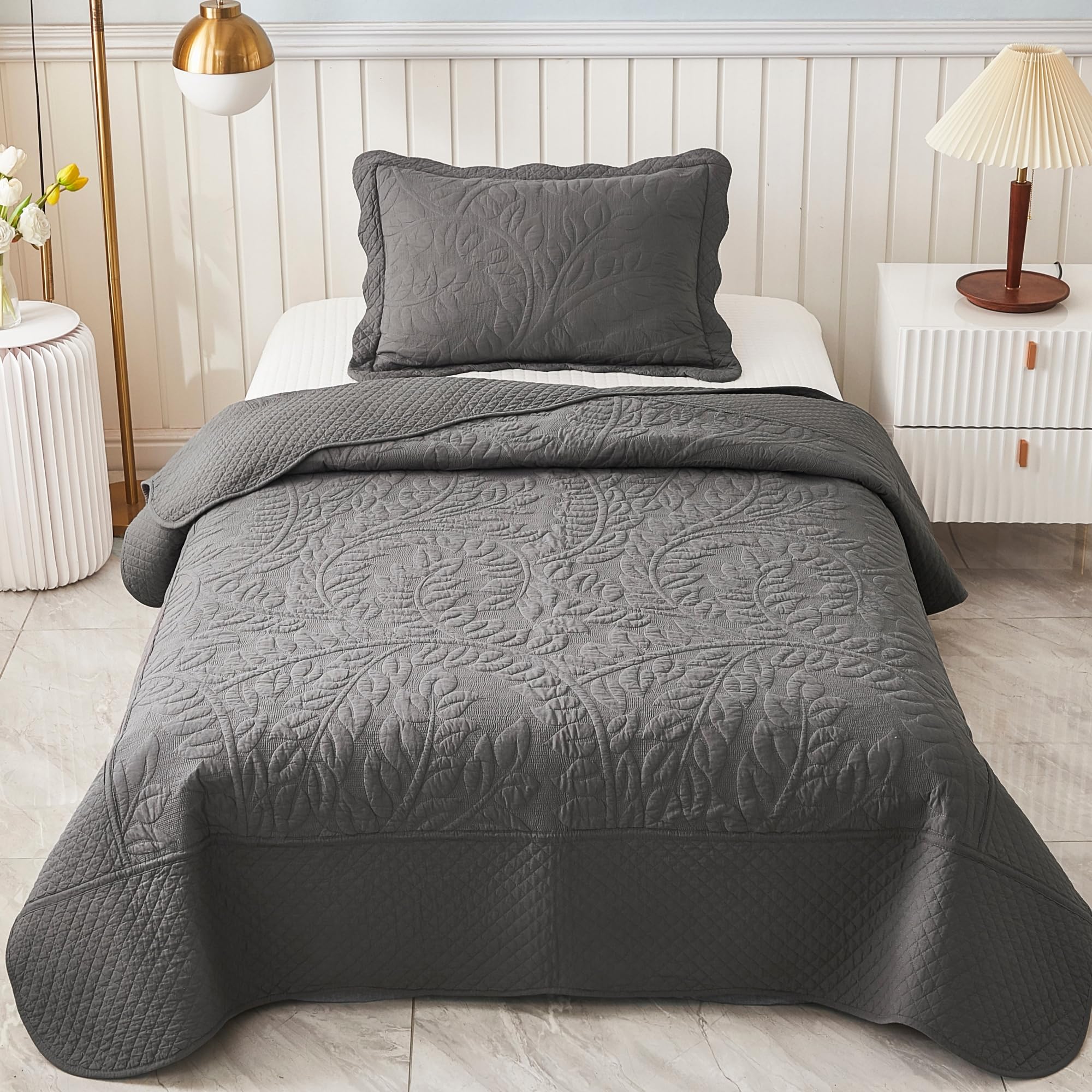 MarCielo 3-Piece 100% Cotton Oversized Bedspread Lightweight Quilt Coverlet Embroidery Farmhouse Bedding Set T0 (Dark Grey, Twin (68"x86"))