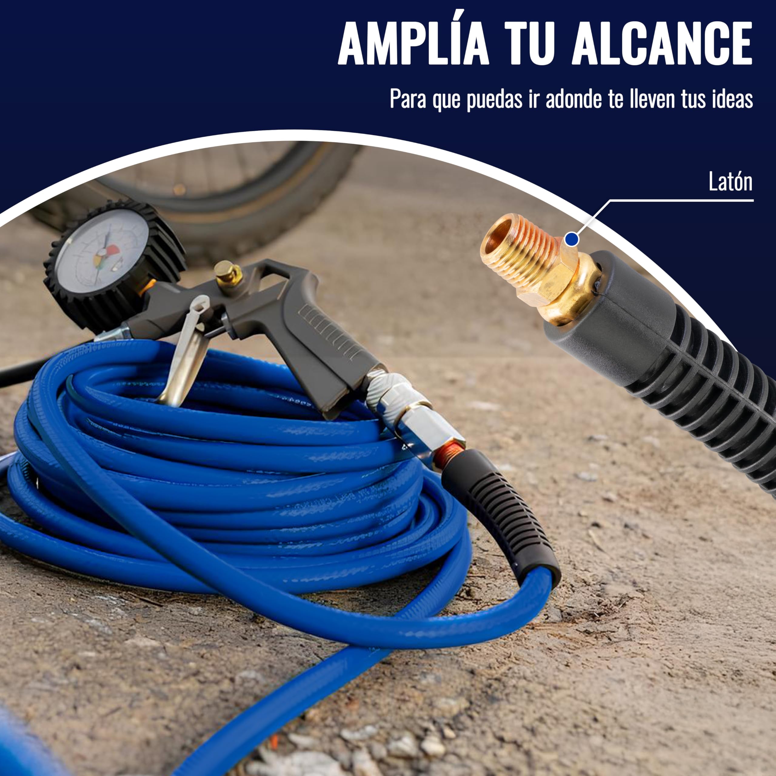Poppstar Manguera para aire comprimido de PVC híbrido 50 m, diámetro interior 9,2 mm, boquilla de latón 1/4", 20 bar, azul