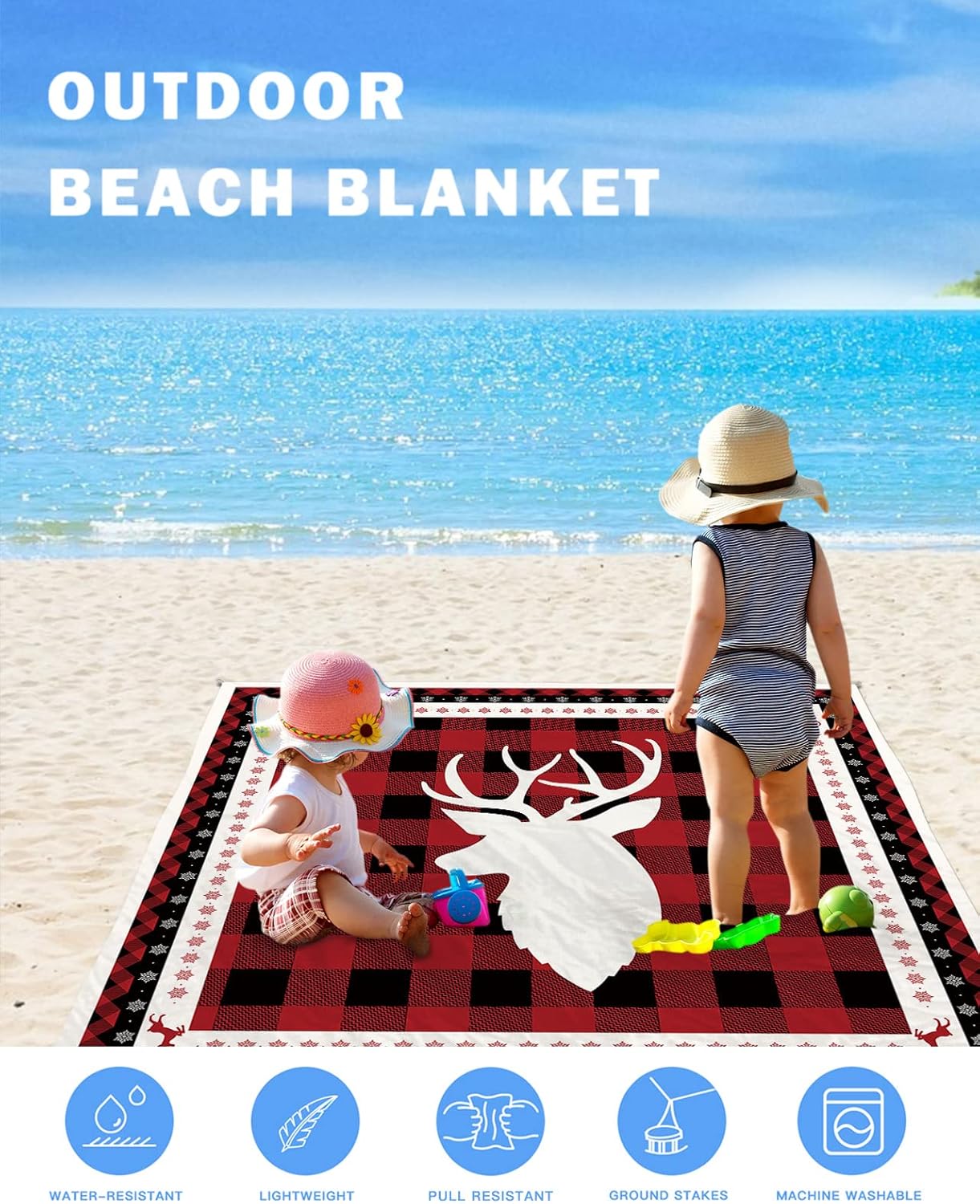 Christmas Retro Elk Beach Blanket Waterproof Sandproof Outdoor Picnic Mat 118"x108" Black and Red Snowflakes Lattice Lightweight Large Beaach Blankets with 4 Stake & 4 Corner Pockets
