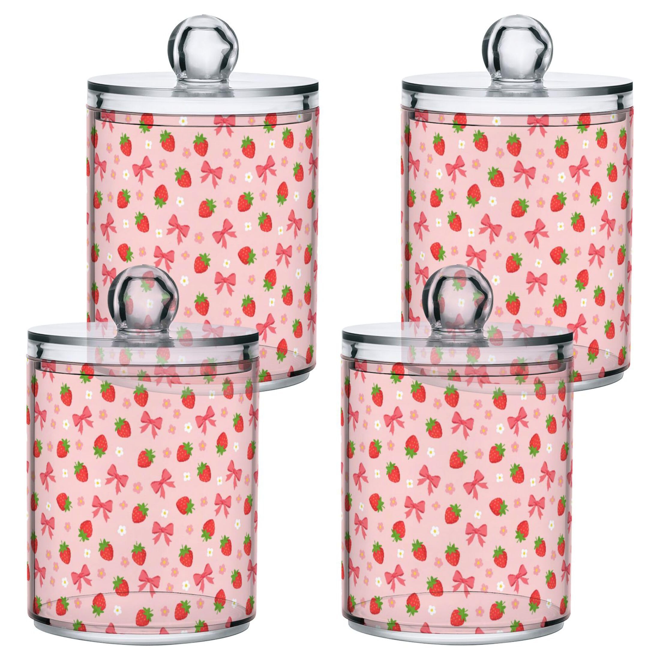 Fuauuyl Strawberry Qtip Holder Dispenser 4 Pack Plastic Apothecary Jar Storage Organization Bathroom Vanity Makeup Storage Organization for Cotton Ball Swab Pad