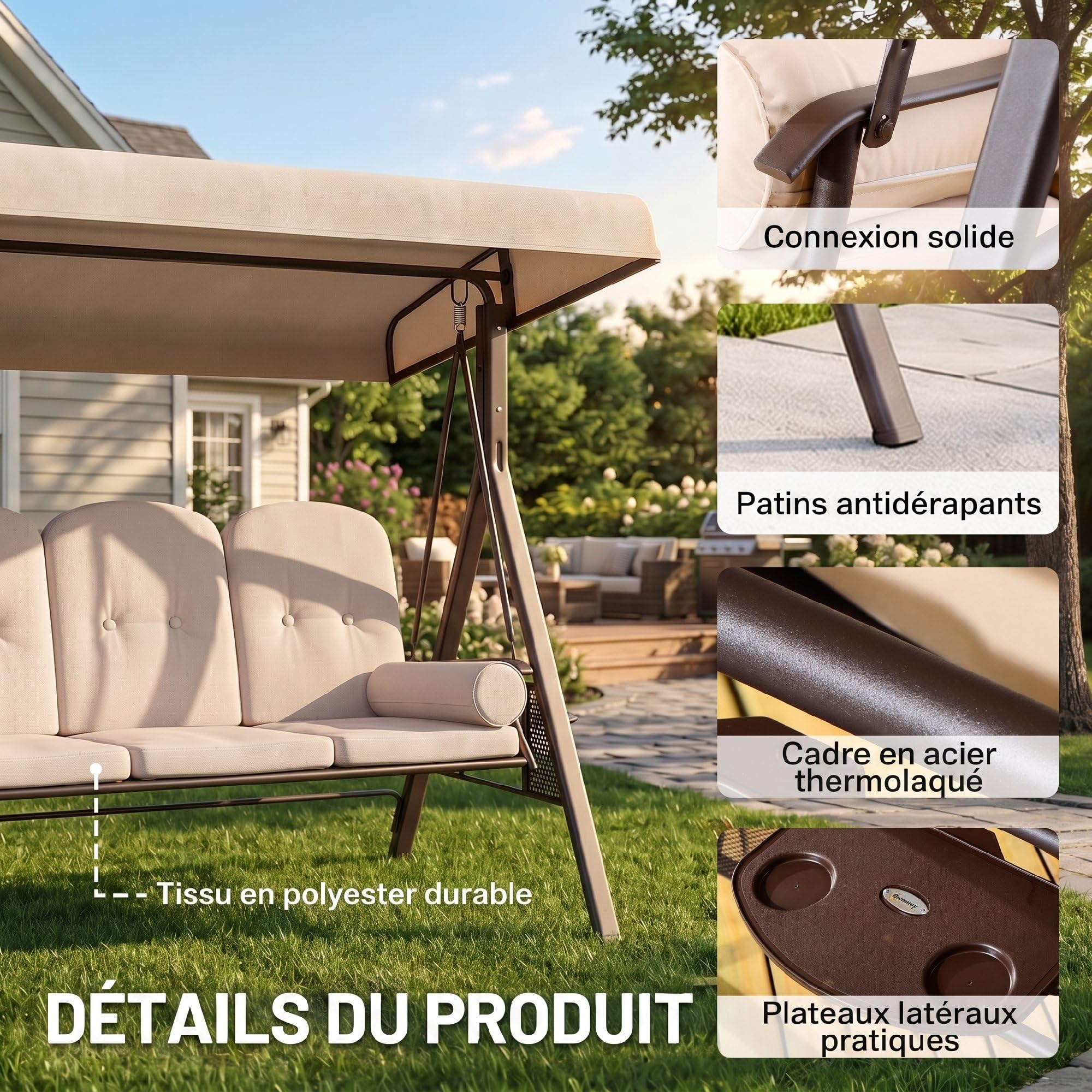 Outsunny Balancelle de Jardin 3 Places Grand Confort Toit Inclinaison réglable Coussins Plateaux rétractables Beige