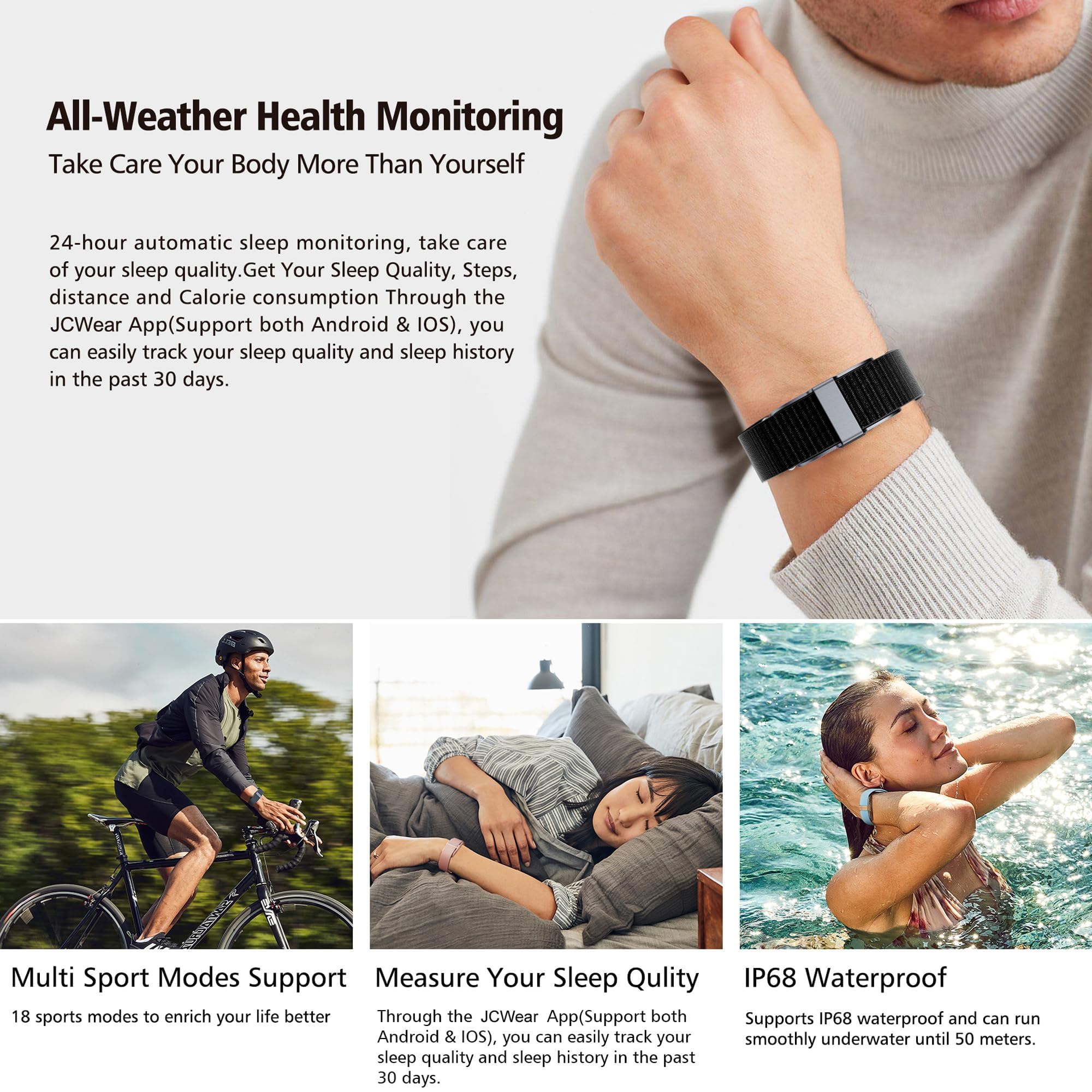 Smart-Armband, Fitness-Tracker, Gesundheitsarmband, Herzfrequenzmesser, Schlaf-Tracker, Schrittzähler, Kalorien, Schrittzähler, wasserdicht, tragbar, Aktivitätstracker für Männer und Frauen