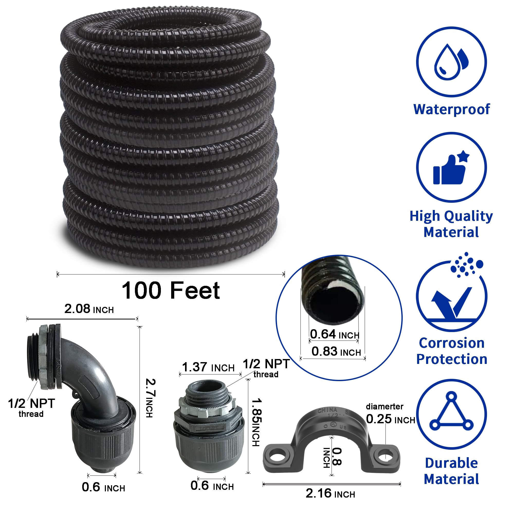 Kit di condotti elettrici extra flessibili in PVC (1,27 cm di diametro x 30,5 m) con 5 accoppiamenti, 5 gomiti e 10 cinghie, guarnizione Sealtight Flex Liquidtight Wire