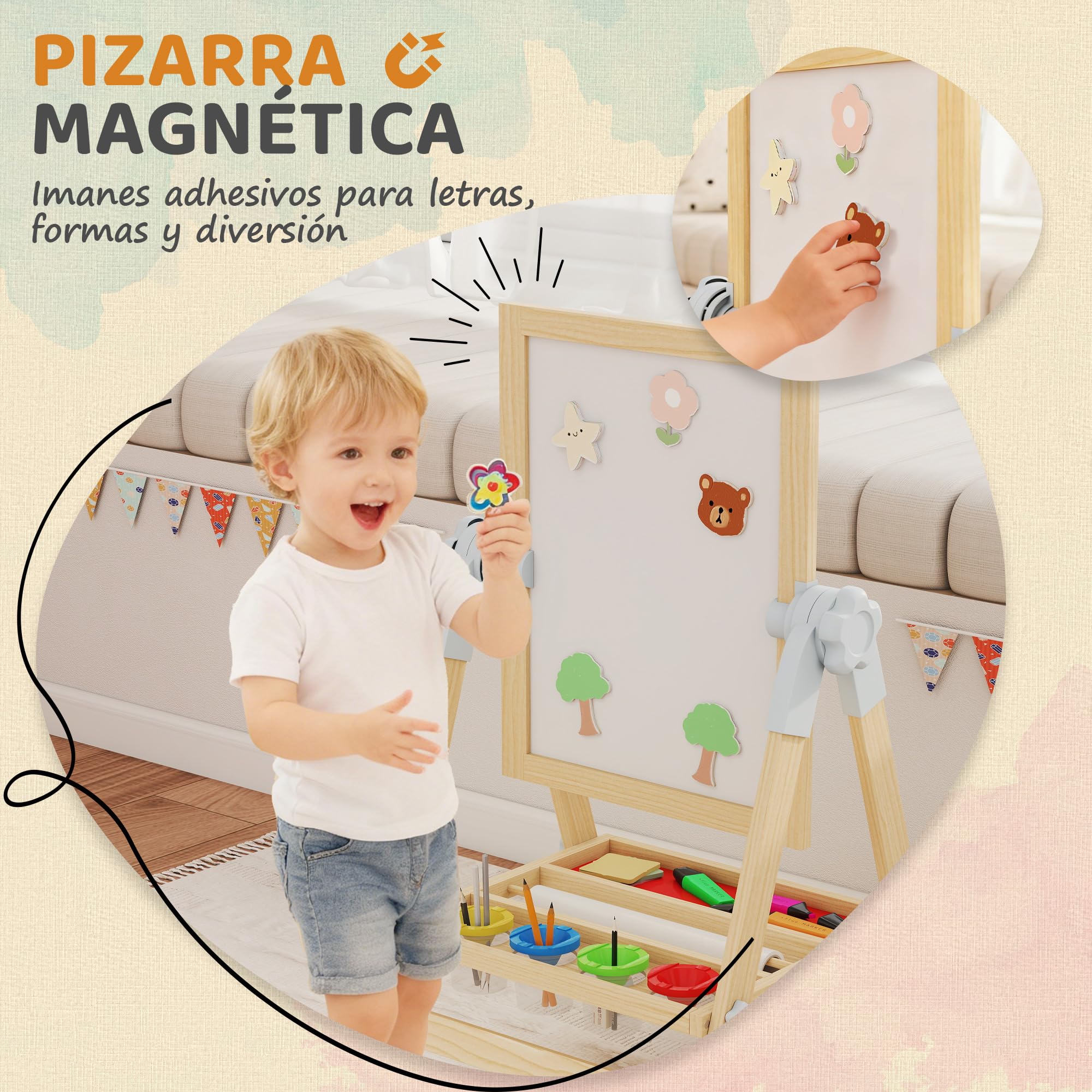 AIYAPLAY Pizarra Infantil Caballete, Altura y Ángulo Ajustable, Caballete de Madera de Doble Cara, Pizarra Blanca Magnética y de Tiza, Rollo de Papel y Bandeja, para Niños 3-6 Años, 48,5x46,5x70-97 cm