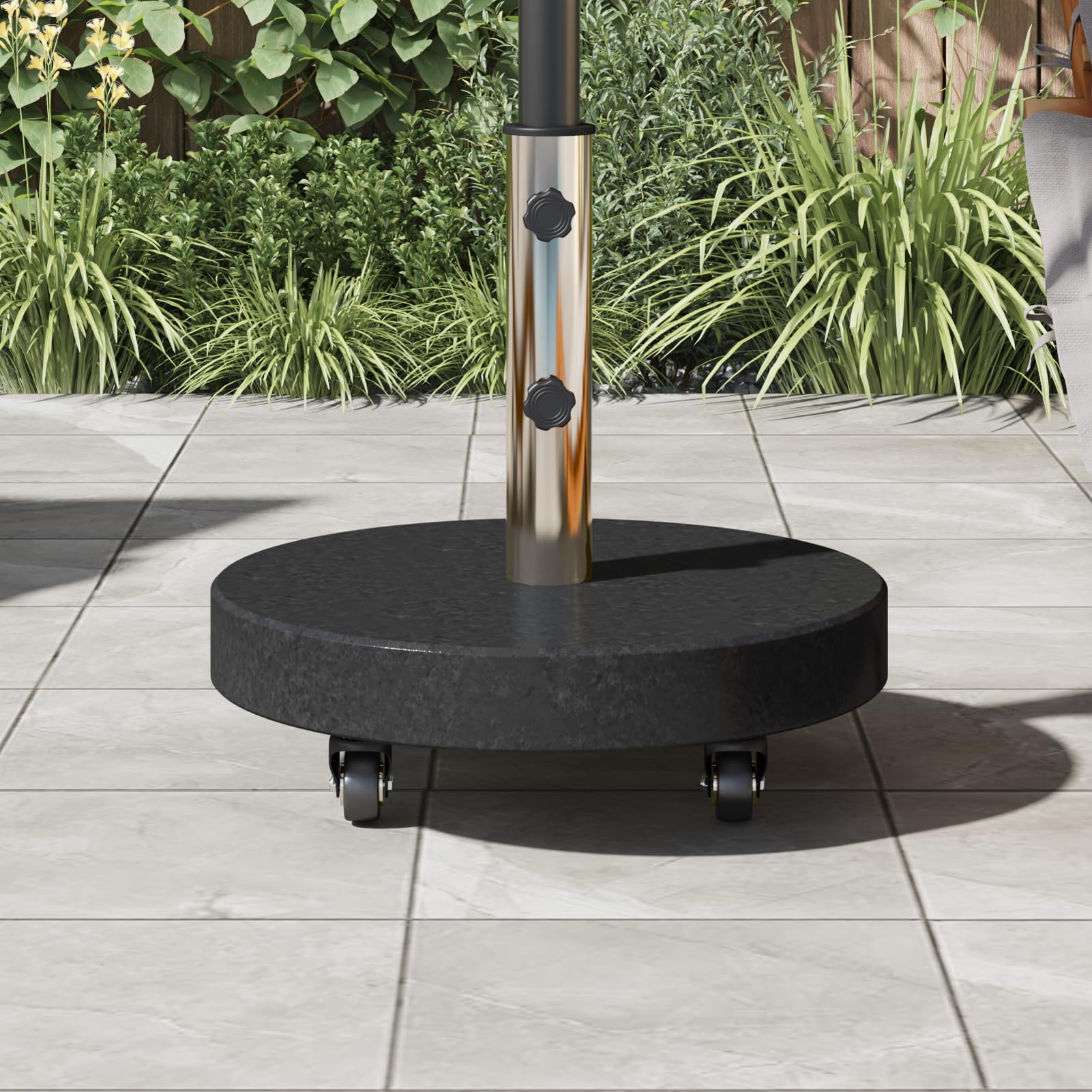 Gecheer Pied de parasol avec roulettes pour barres de Ø 38/48 mm en granit noir, 30 kg, support de parasol rond pour terrasse, café, piscine