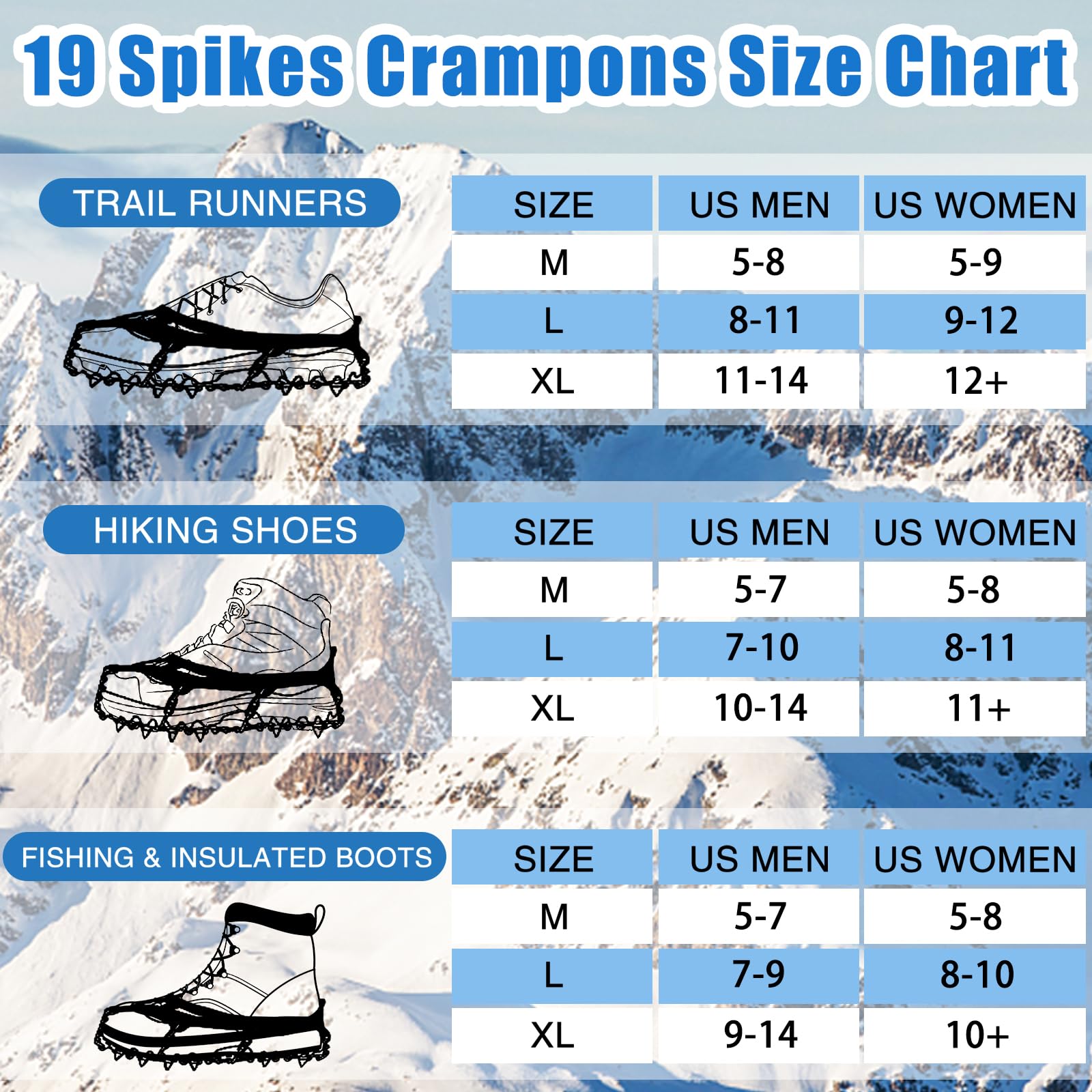 Crampons à 19 pointes antidérapantes pour chaussures et bottes, crampons de traction pour bottes de randonnée, bottes de randonnée, protection sûre pour la marche d'hiver, la randonnée, la pêche sur