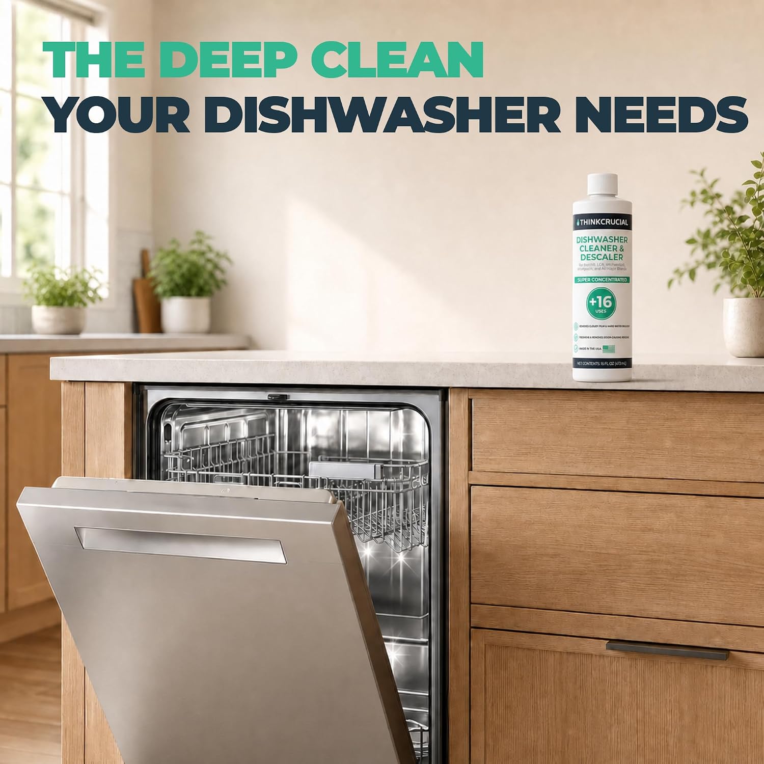 Think Crucial Dishwasher Cleaner & Descaler, 15 Uses, 75% Savings Per Use – 32% Citric Acid Liquid Concentrate – Whirlpool, Bosch, KitchenAid, Samsung, LG – 16 FL OZ