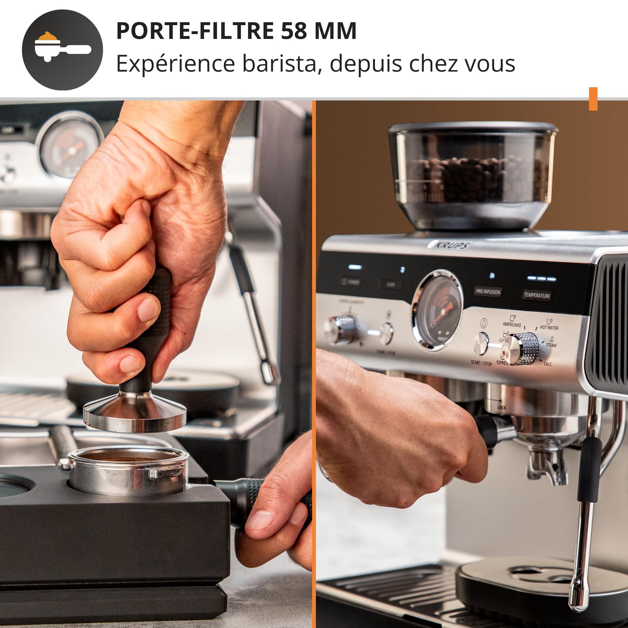 Krups Precision, Machine Expresso Manuelle avec moulin, 30 Niveaux de mouture, 15 Bars, Buse Vapeur, 3 Températures, Interface Intuitive, Cappuccino, XP801T10, Silver