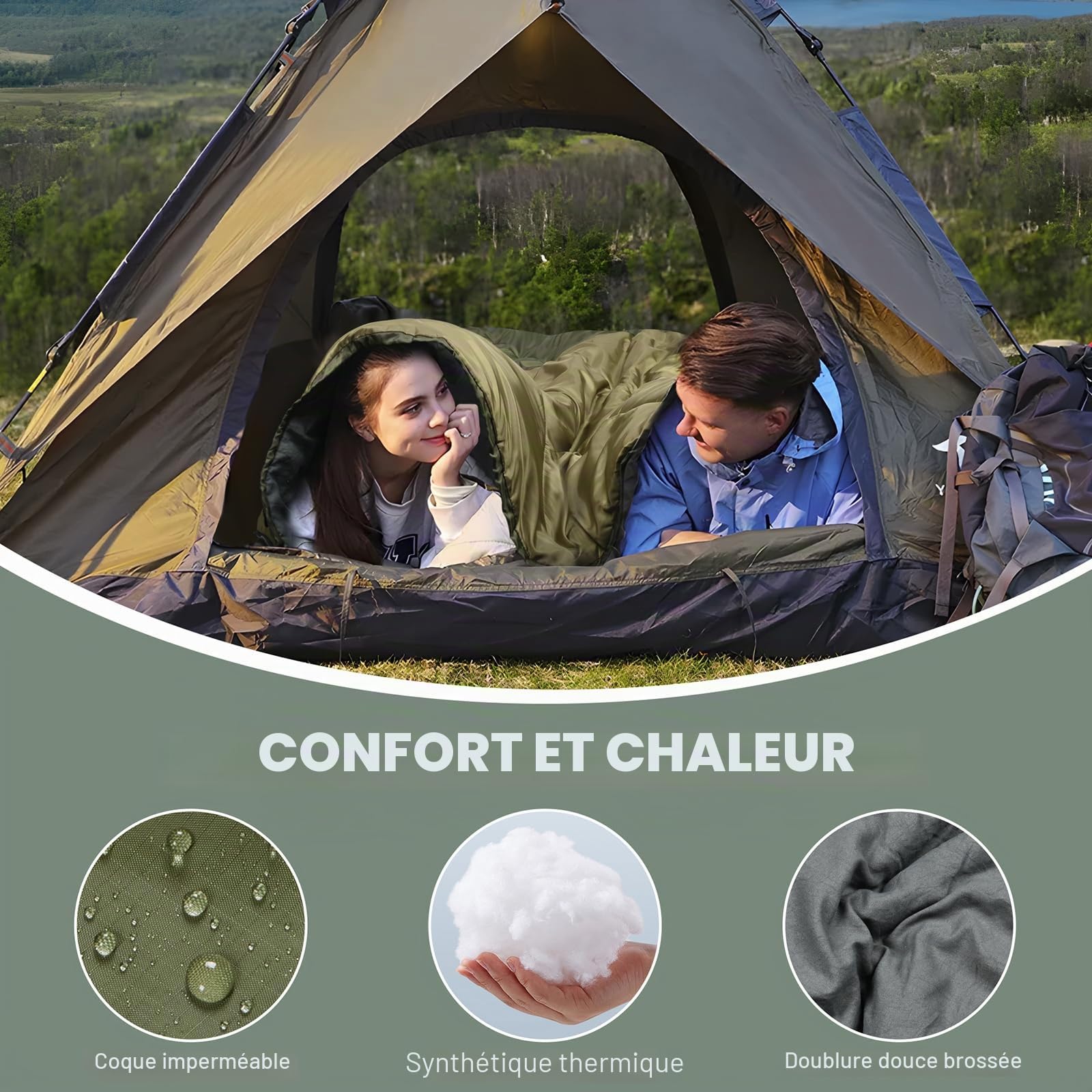Sac de Couchage Double Adulte,déperlant 2 Personnes Camping Sac Couchage | Doublure brossée douce,capuchon de tube et de cordon pour la chaleur,230x90cm pour couples famille camping Backpacking voyage