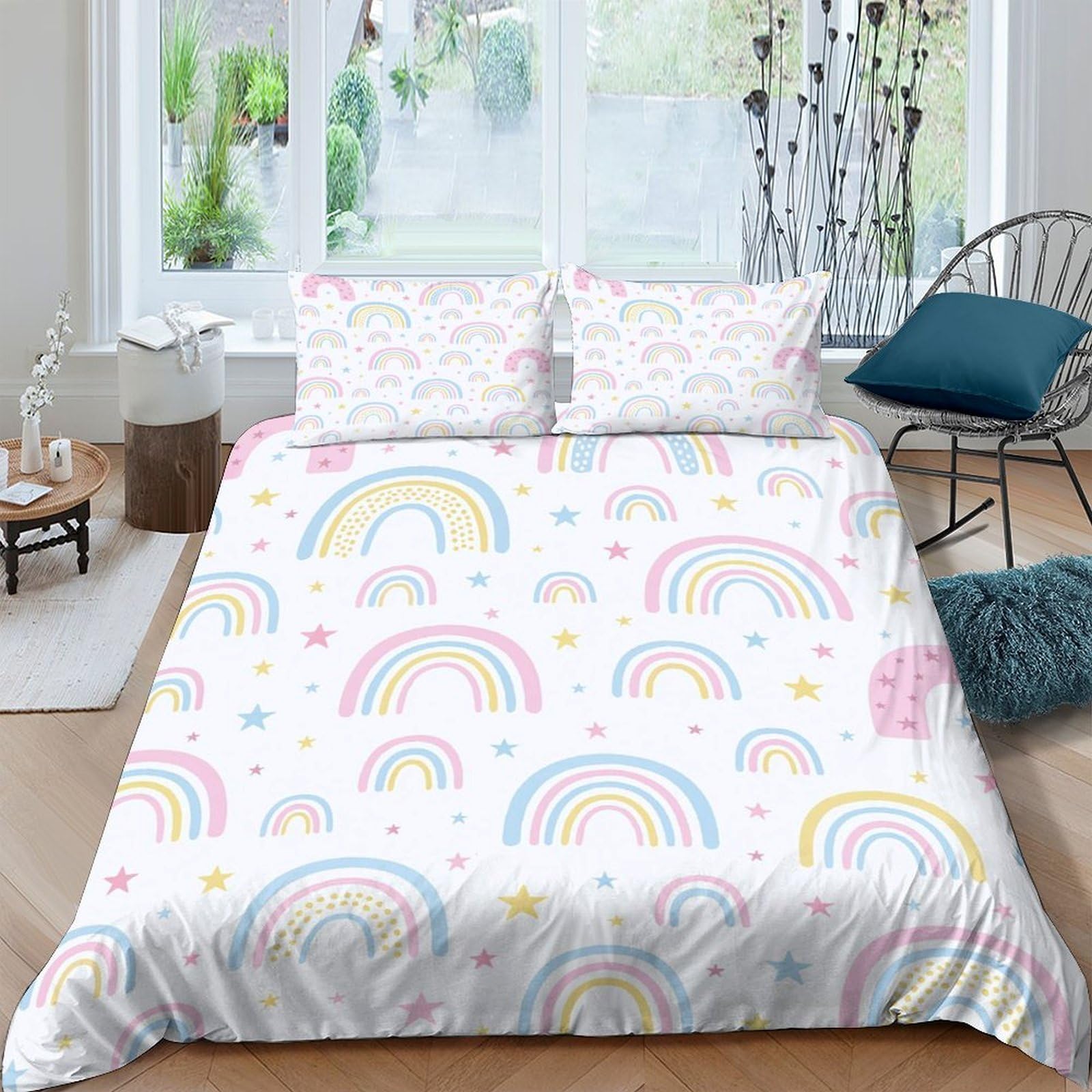 Ctjqhvkz Style-6 3D Printed Rainbow Pastel Fitted Sheet Microfiber Soft Anti-Slip Star Mattress Cover For Bedroom Dorm Home Decoration Easy Care Single（135X200cm）