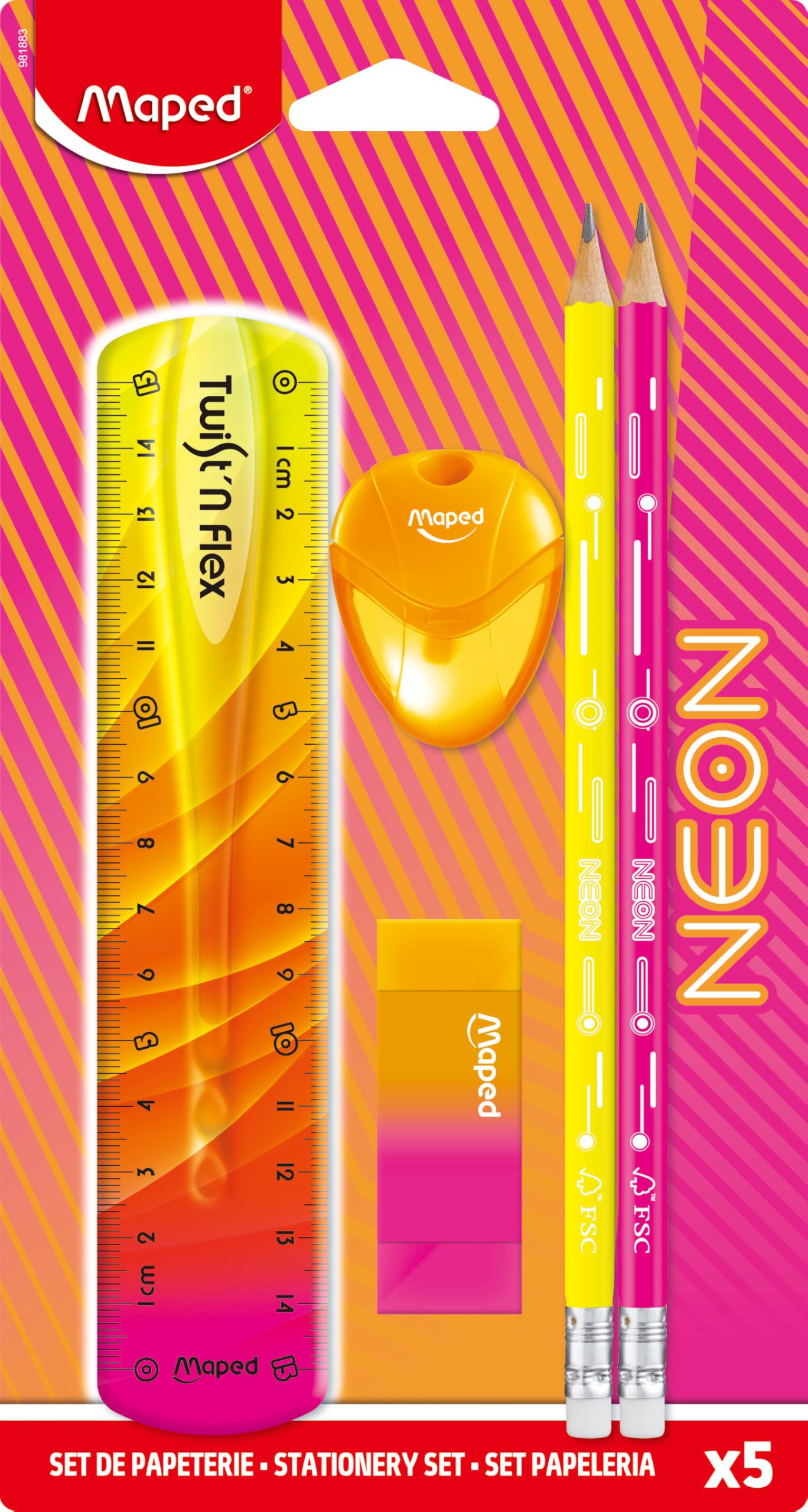 Maped Neon Stationery Set - Trendy Back to School Kit - Twist & Flex Ruler 15cm, 2 Graphite Pencils, Igloo Pencil Sharpener, Bi-Colour Eraser with Sleeve - Bright & Bold Colours