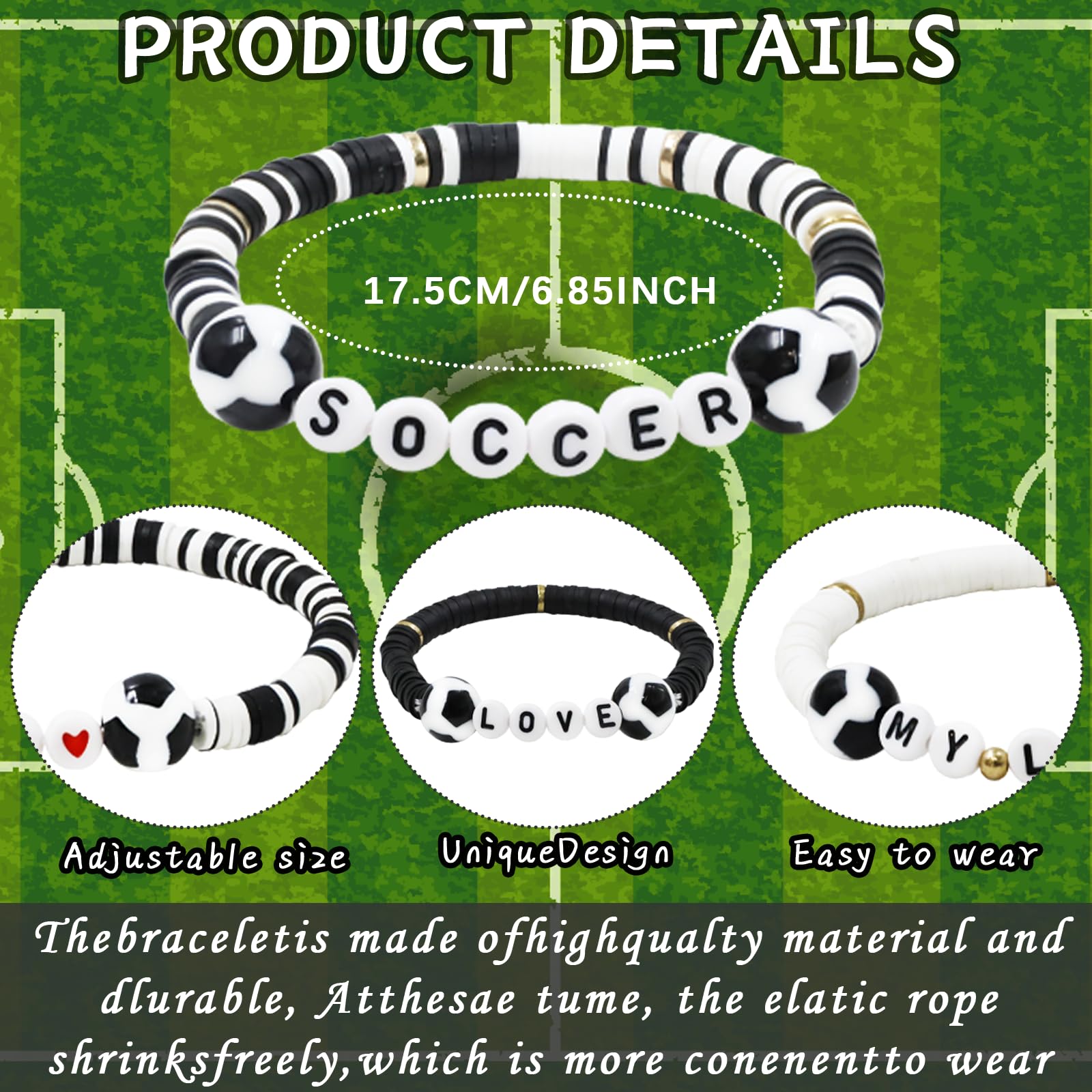 yesaior 48pcs Sports Charm Bracelets, Soccer Softball Basketball Player Gifts Beaded Ball Adjustable Clay Bracelets Jewelry Sports Gifts Supplies for Teen Adults (Soccer1)