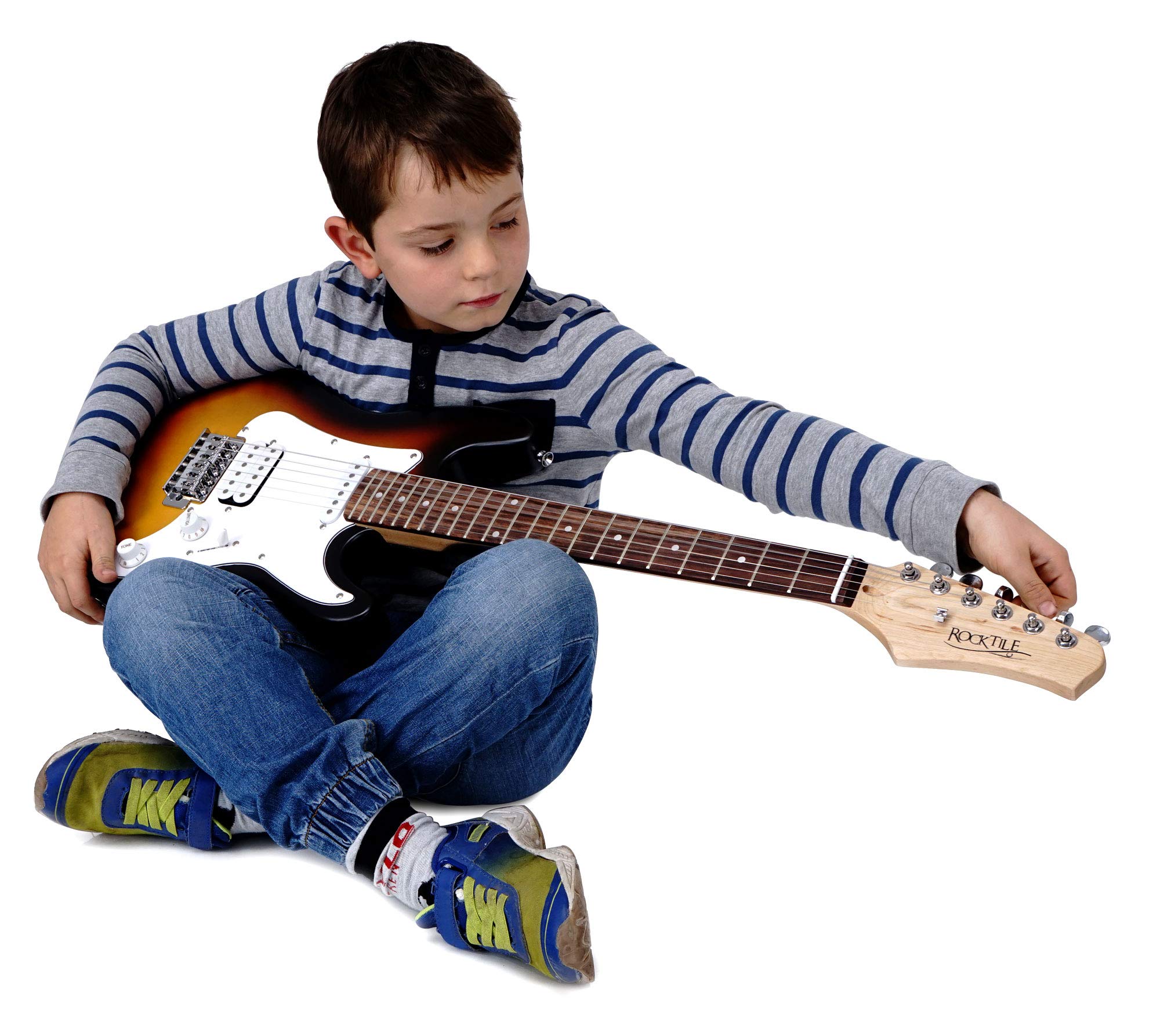 Rocktile Sphere Junior Sunburst 3/4 Guitare Électrique (pickguard blanc, 1 Humbucker, 1 Single Coil, 22 frettes, touche en bois d’ingénierie, manche en érable)