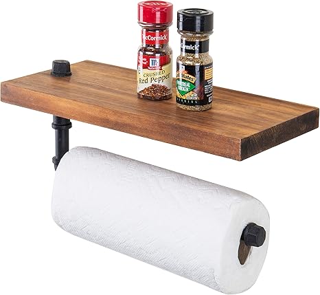 MyGift Wall Paper Towel Holder with Shelf, Rustic Burnt Wood Mounted Floating Storage Shelf and Industrial Black Metal Pipe Towel Bar Rod