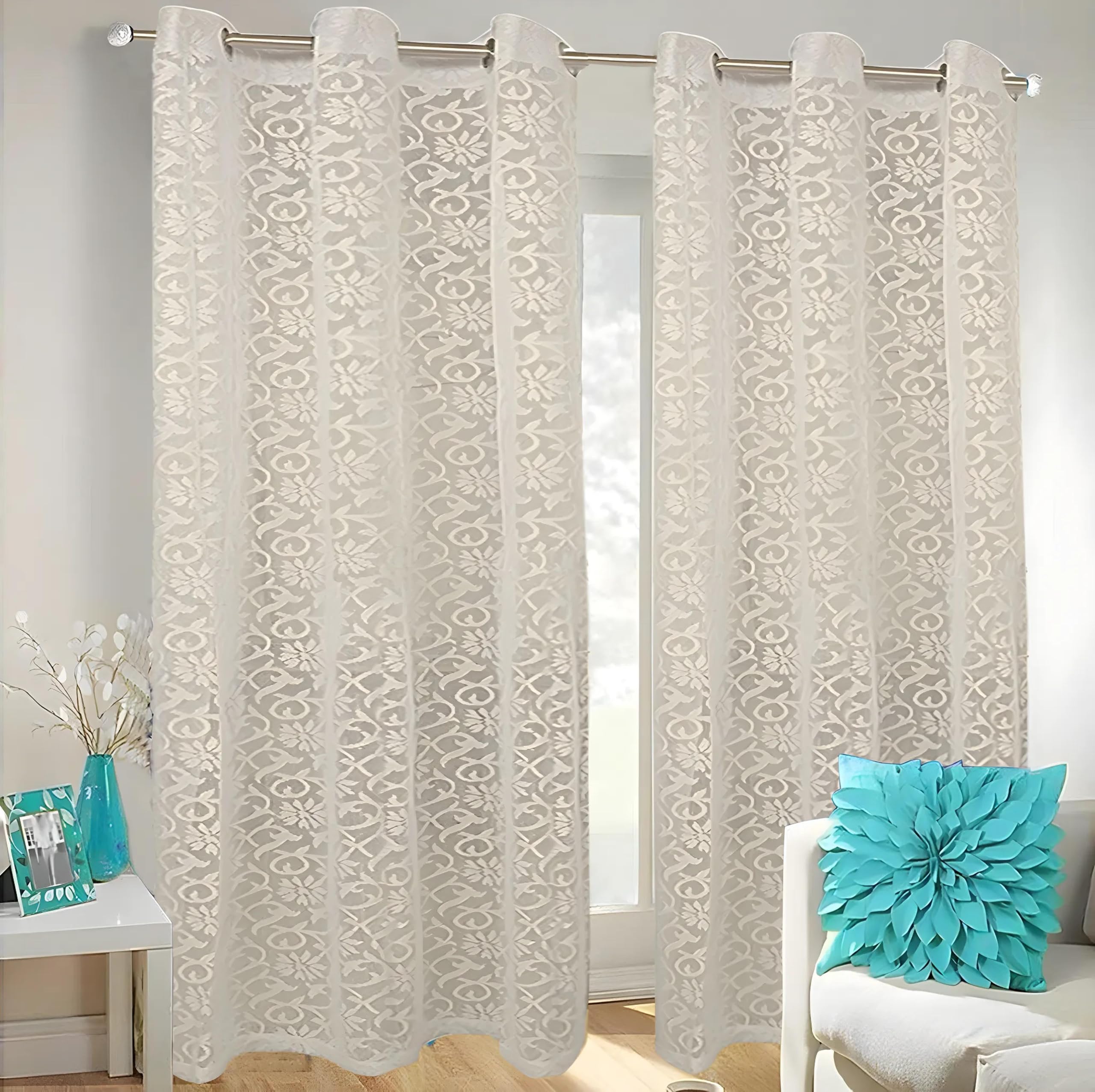 Kuber Industries Flower Design 2 Pieces Sheer Door Curtains Linen Look Semi Transparent Voile Elegance Curtains for Living Dining Room|Bedroom Drapes 48 x 84 Inch Long (Cream) FloralGrommet Curtains