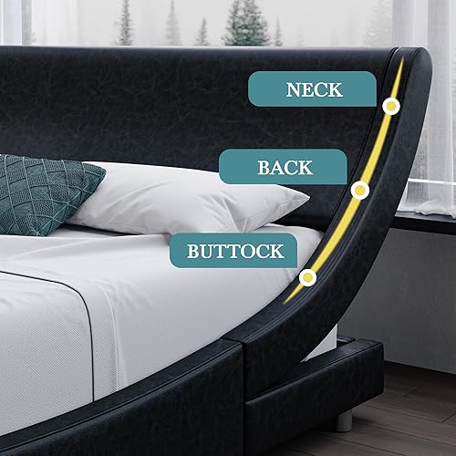 Miniatura 18 de HOOMIC Base de cama moderna de plataforma matrimonial con cabecera ajustable, cama tapizada de piel sintética de lujo con trineo de perfil bajo,