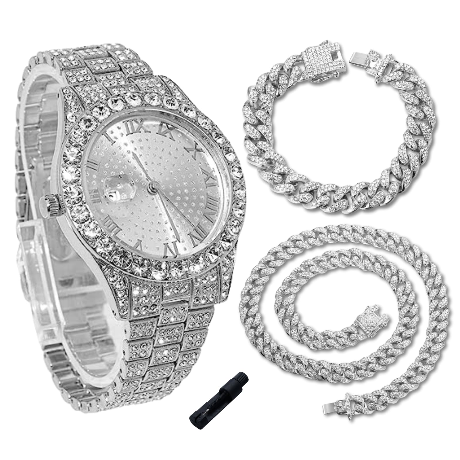 Złoty diamentowy zegarek dla nastoletnich chłopców - 43 mm cyfry rzymskie okrągła tarcza - 18-karatowe prawdziwe złoto/platynowy pasek 20,5 cm - zawiera narzędzie regulacyjne, można łączyć z