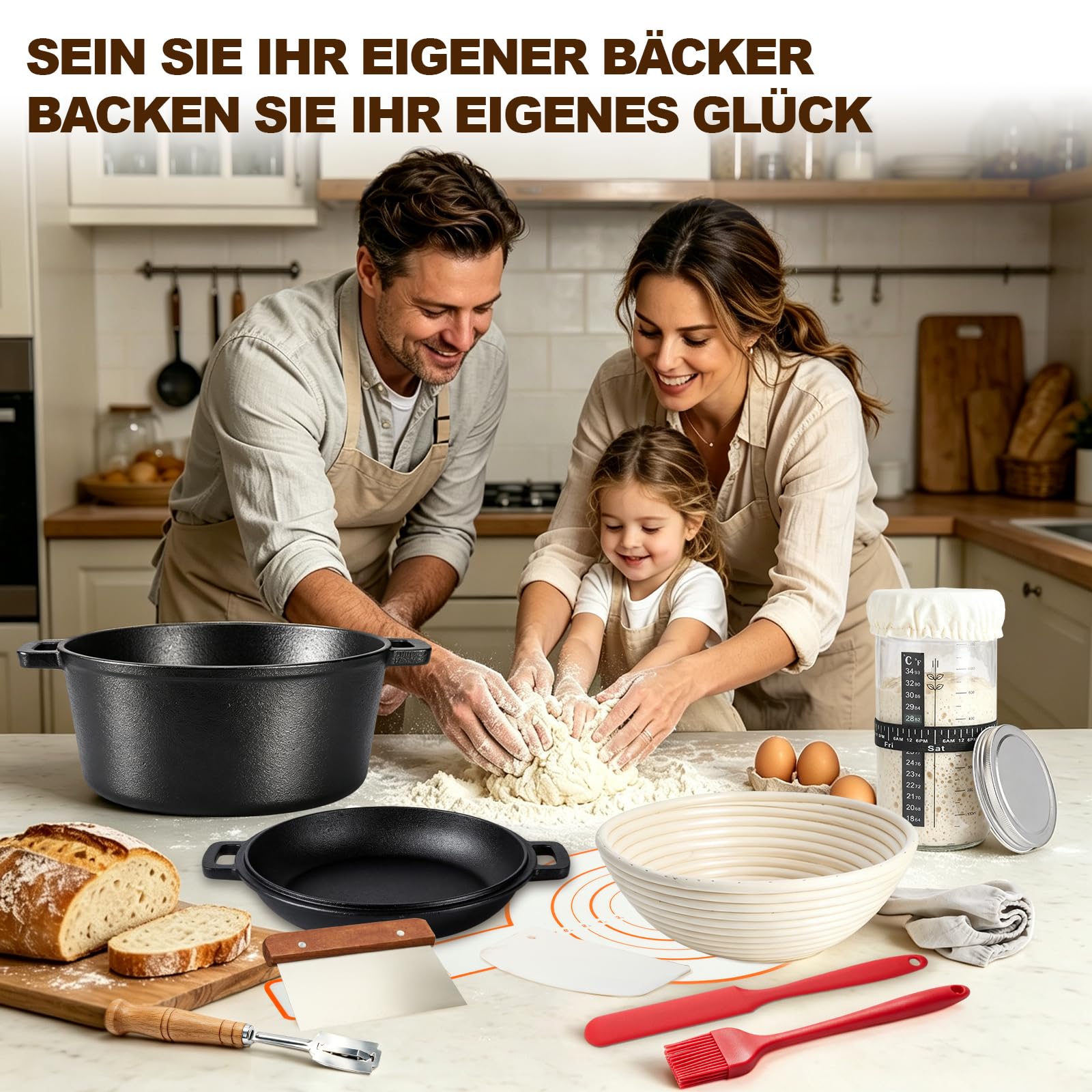 Gusseisen Topf Brot Backen 26cm mit Sauerteig Starter Set | Brotbackset Sauerteig inkl. Gärkörbchen aus Rattan(25cm rund), Gärglas & Zubehör – Brotbackform mit Deckel(Dutch Oven)