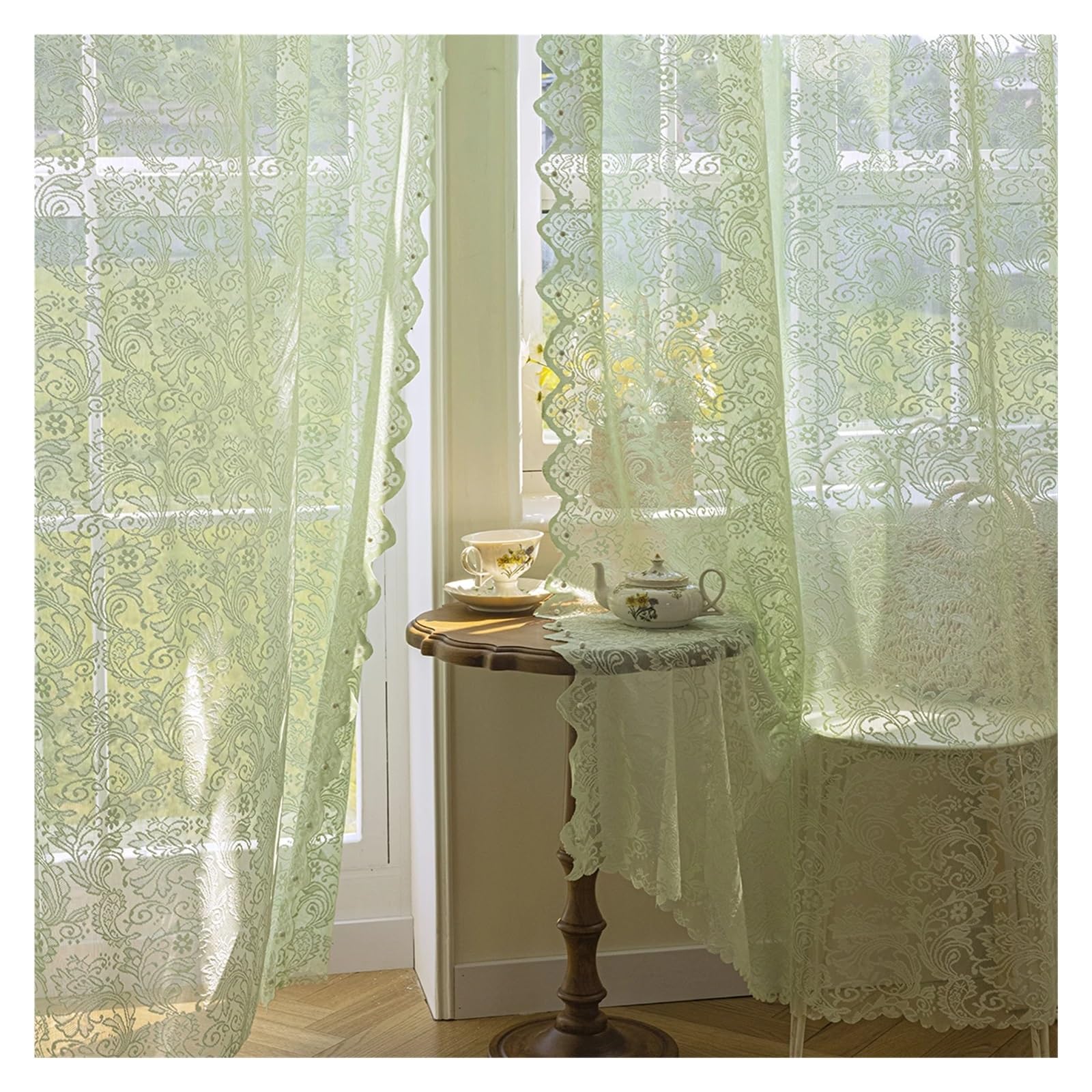 Voilage transparent en dentelle brodée florale romantique pour fenêtre et porte de salon Det Ele Vert 1 pièce Décoration d'intérieur