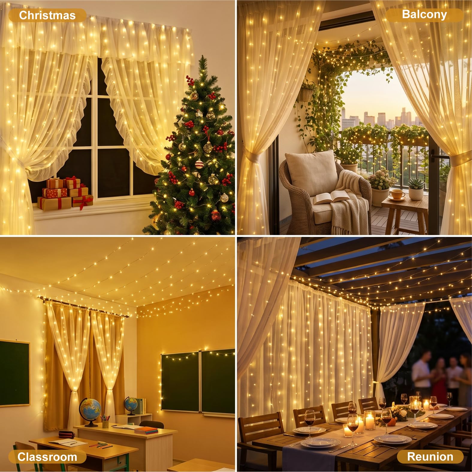 Cortina de luz blanca para dormitorio, 300 LED de 1010 pies con 16 ganchos, 8 modelos de mando a distancia, ventana con USB para decoración de boda, fiesta, hogar, jardín, interior