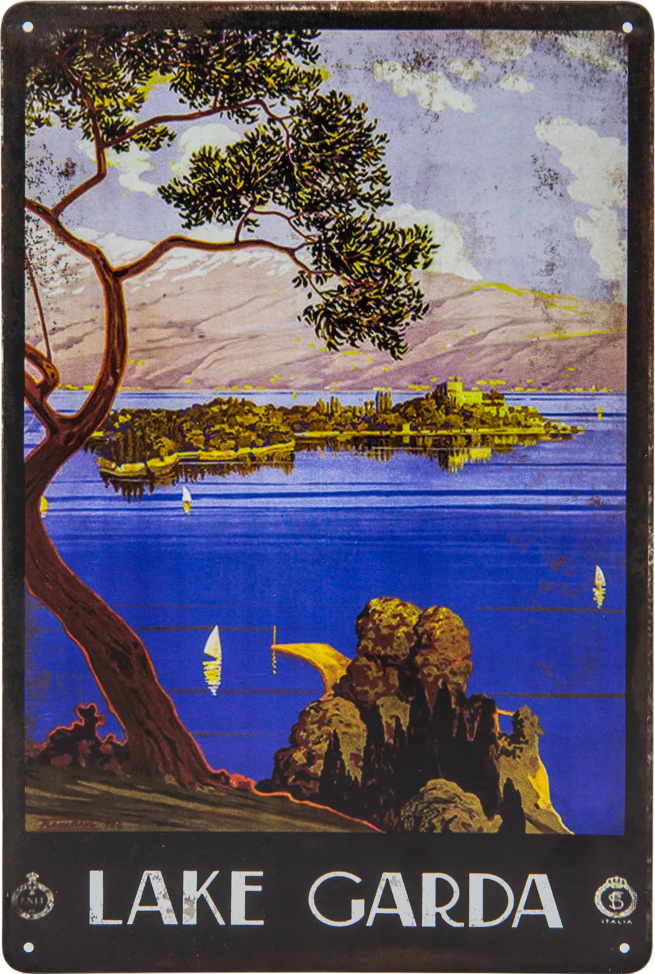 Historical Retro Vintage Tin Sign with Souvenir Travel Motif, Holiday, Adventure, Holiday Decorative Sign, 30 x 20 cm (Lake Garda, Italy)